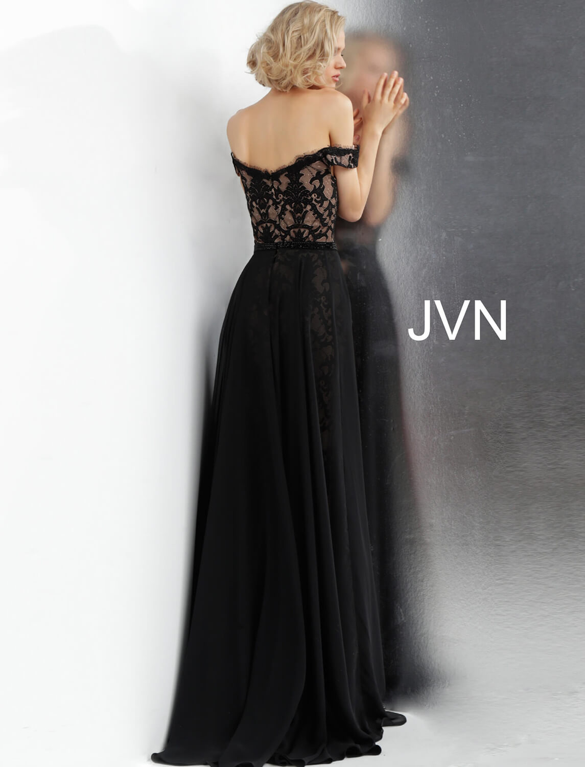 Jvn Dress Black And Nude Lace Off The Shoulder Sheer Prom Dress