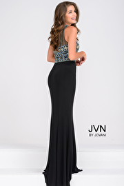 Black fit jersey long prom dress with multi color beading on the top ...