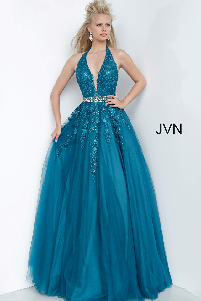JVN00923 Dress | JVN Teal Halter Neckline Embroidered Prom Ballgown