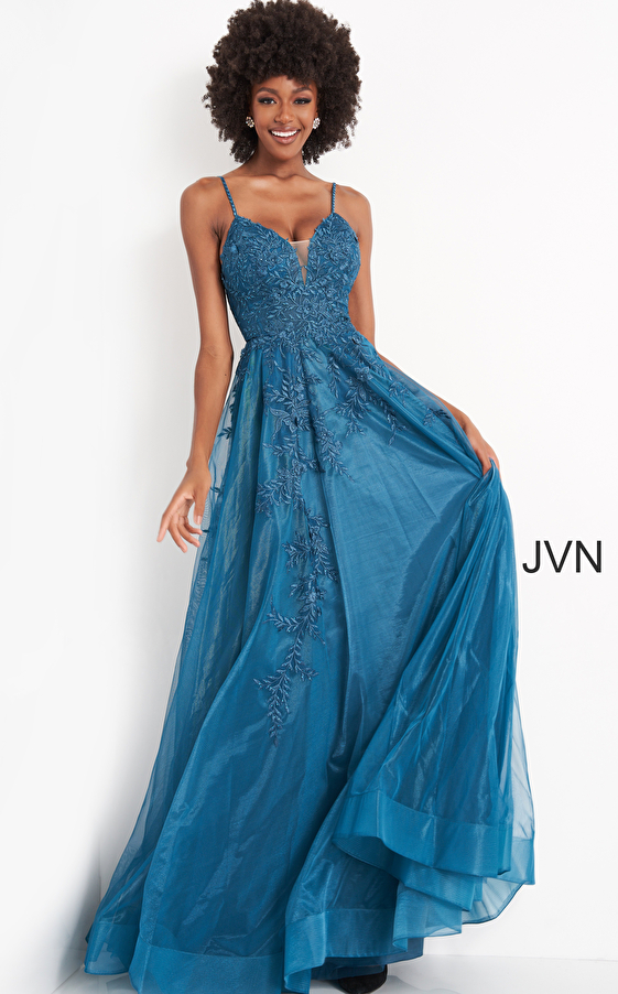 JVN02266 | Teal Plunging Neck Embroidered Prom Dress