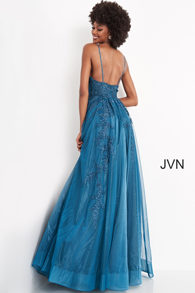 Teal Plunging Neck Embroidered Prom Dress
