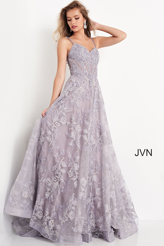 JVN06474 | Lilac Corset Embroidered Bodice Maxi Prom Dress
