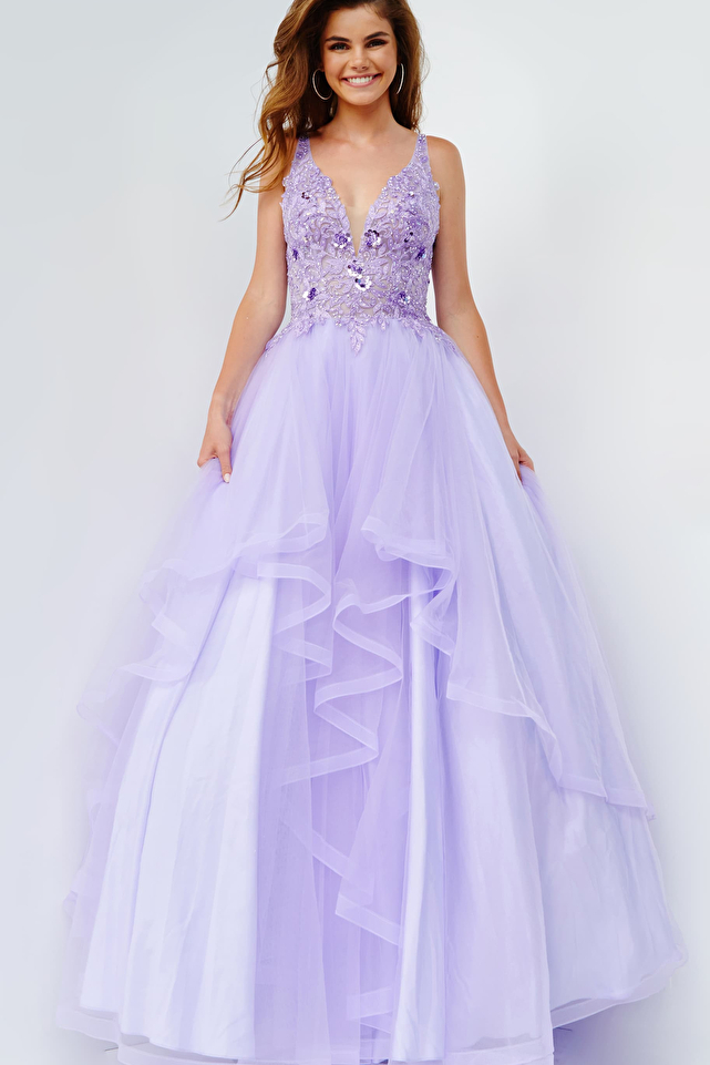 JVN23124 Lilac Embroidered Bodice Plunging Neck Prom Dress