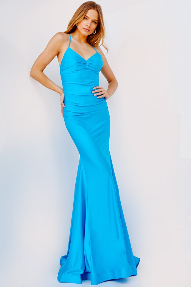 JVN22880 Blue Ruched Bodice Prom Dress