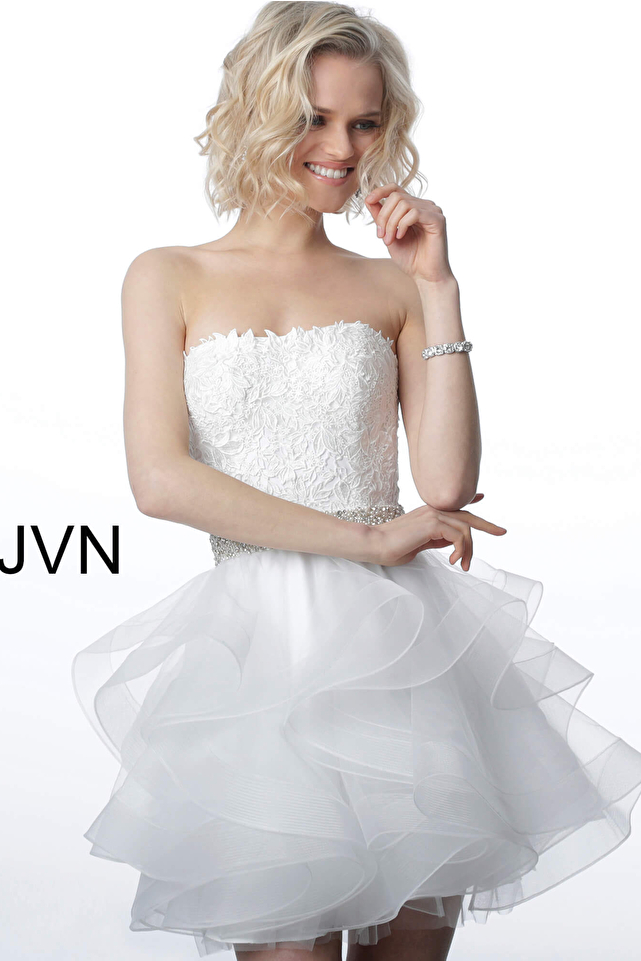 JVN3099 Dress | Off short strapless flare cocktail dress white and fit lace