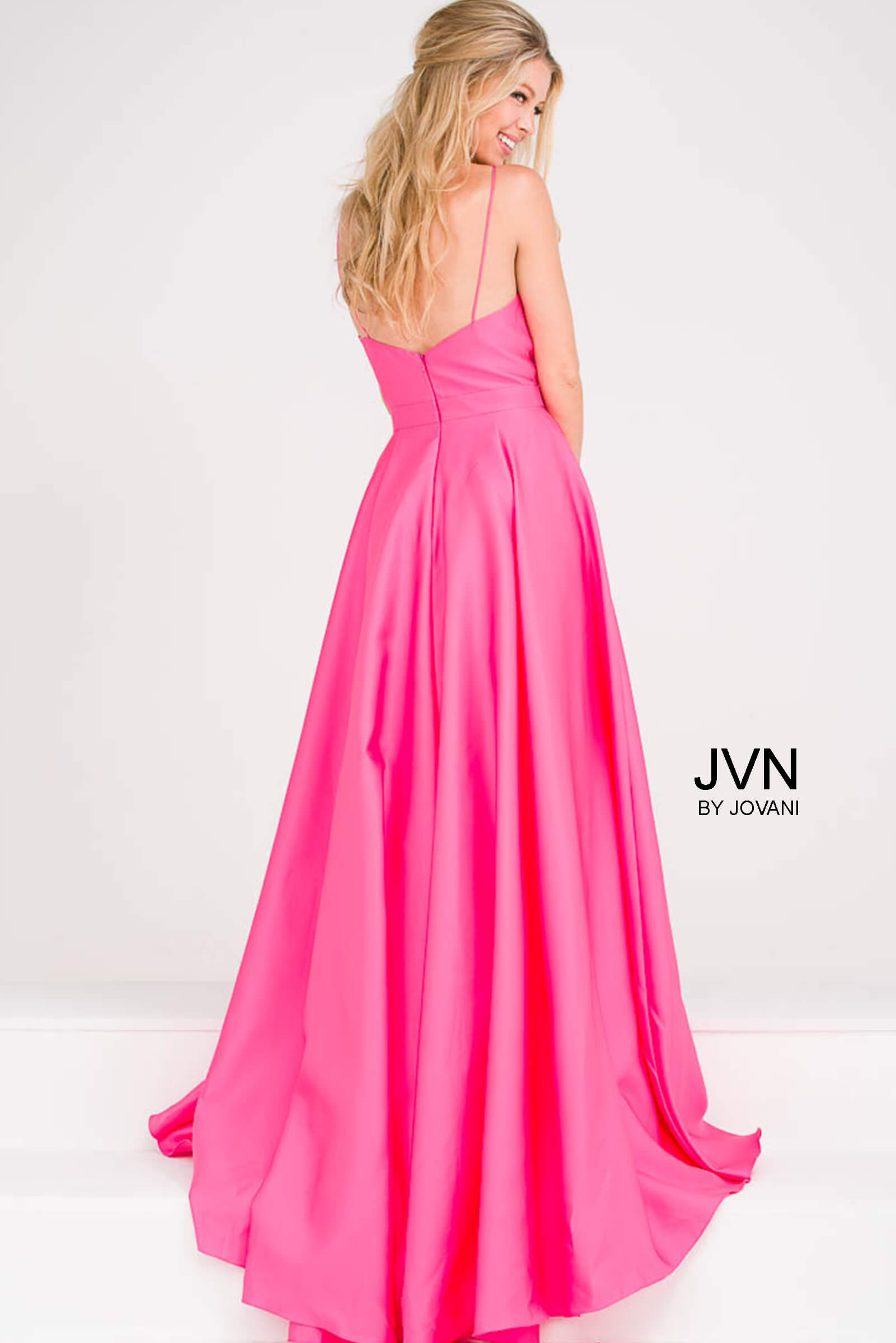 JVN48791 Dress | Black and Pink V neckline Pleated Bridesmaid Dress