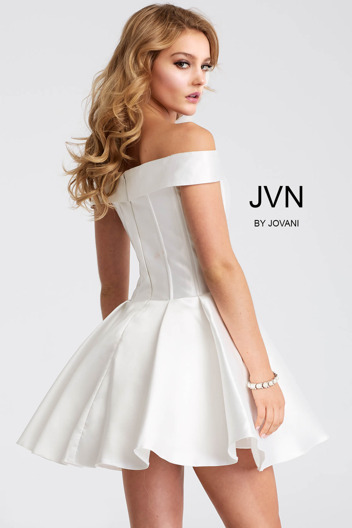 White corset off the shoulder bodice fit and flare short dress.