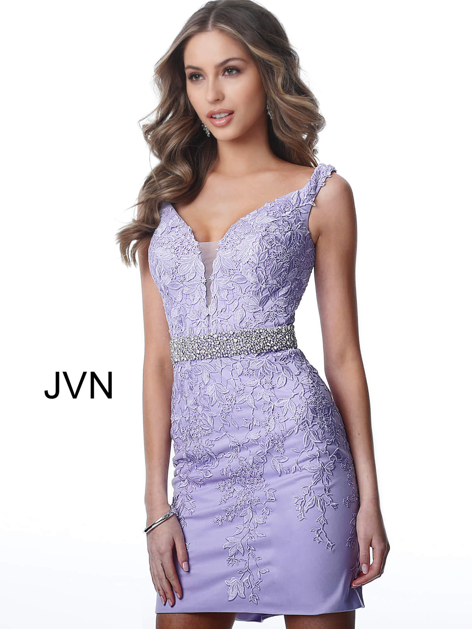JVN1102 Dress| Emerald short fitted floral lace belt homecoming dress