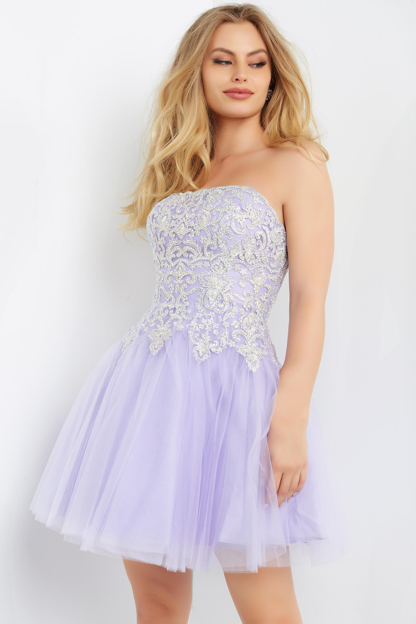 JVN63635 | Light Lavender Silver Embellished Short Tulle Dress