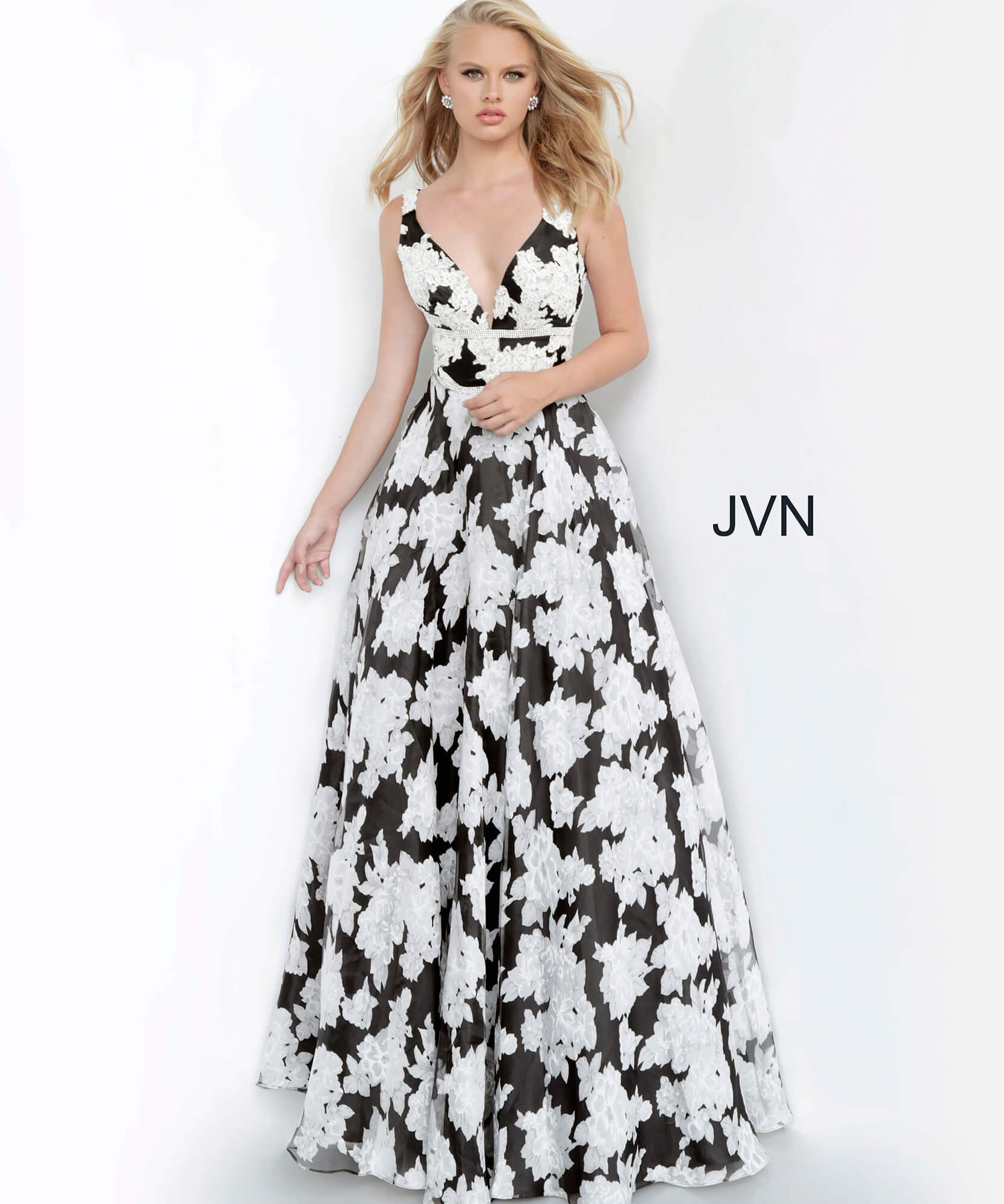 JVN00825 Dress| JVN Black and White Print V Neck A Line Prom Gown JVN00825