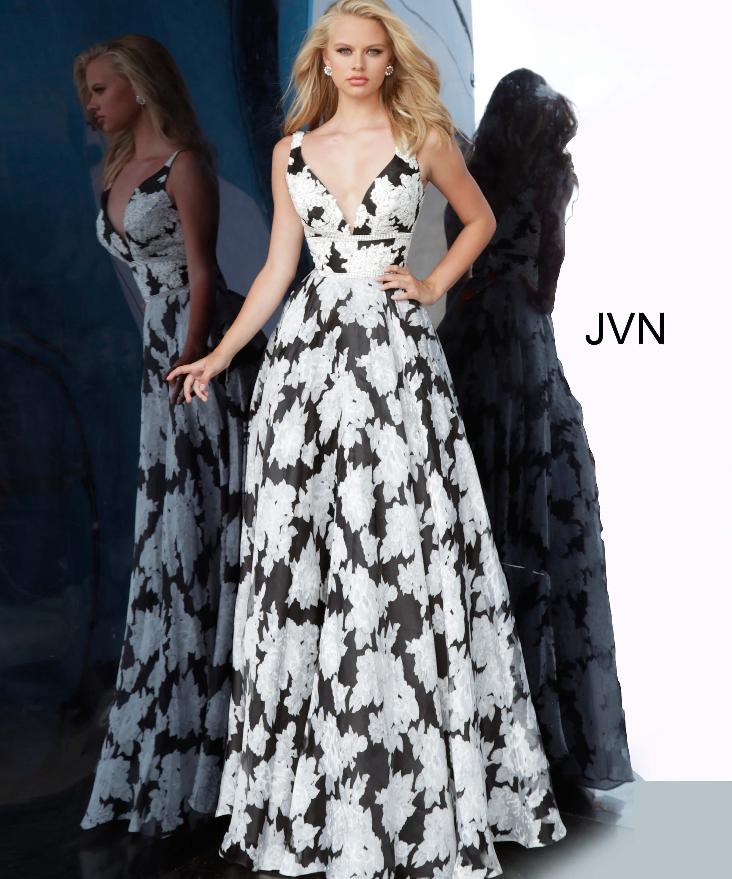 JVN00825 Dress| JVN Black and White Print V Neck A Line Prom Gown JVN00825