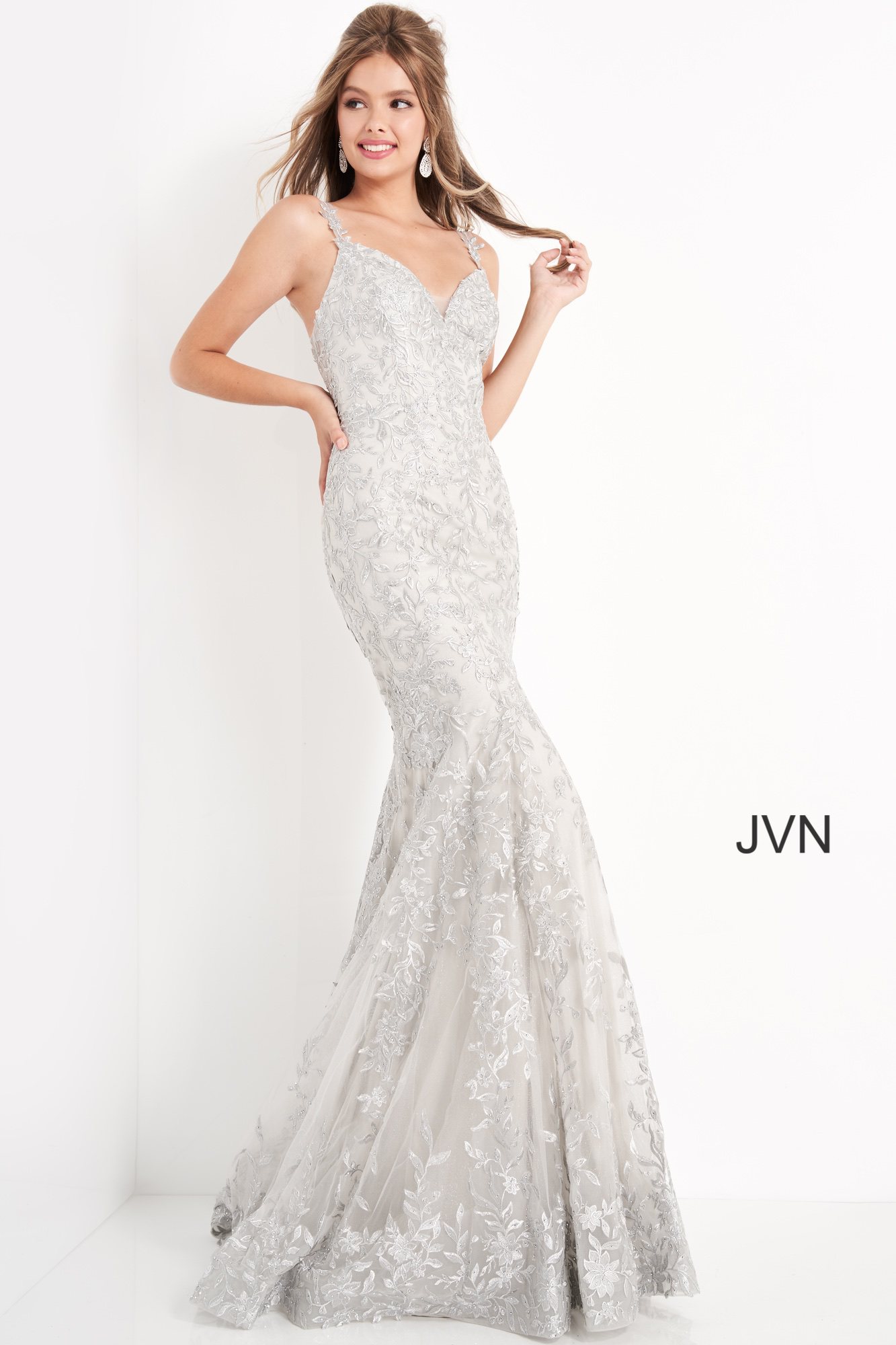 JVN00908 | Silver Floral Embroidered Mermaid Prom Dress