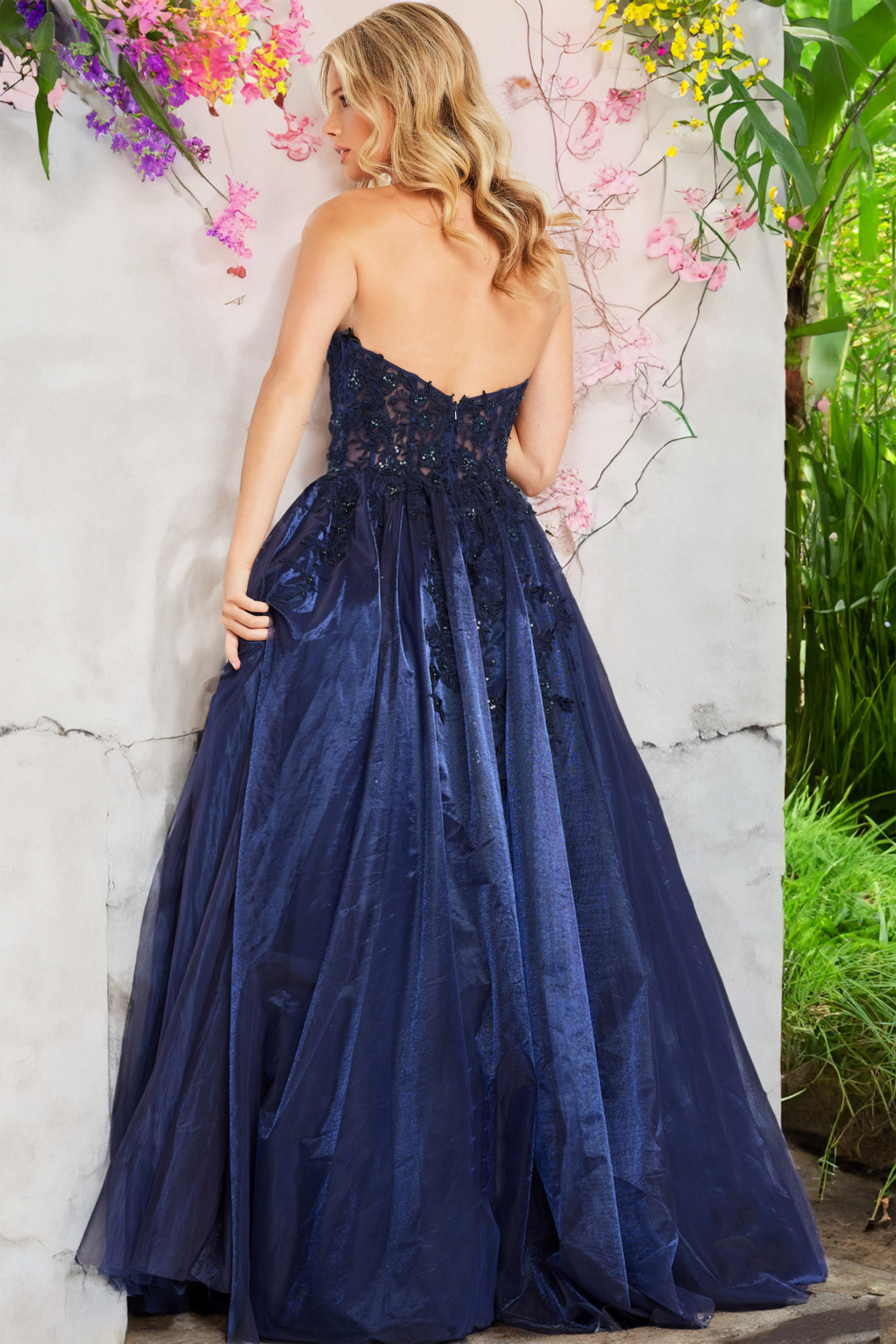 JVN00915 Dress| JVN Navy Strapless Embroidered Prom Ballgown