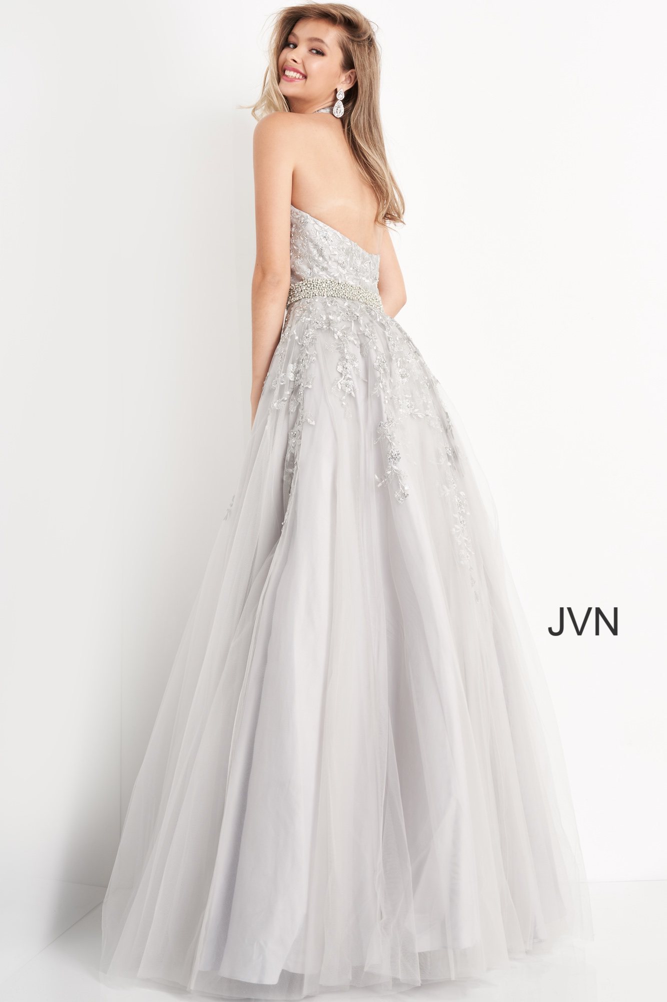 JVN00923 | Silver Crystal Embellished Belt Prom Ballgown