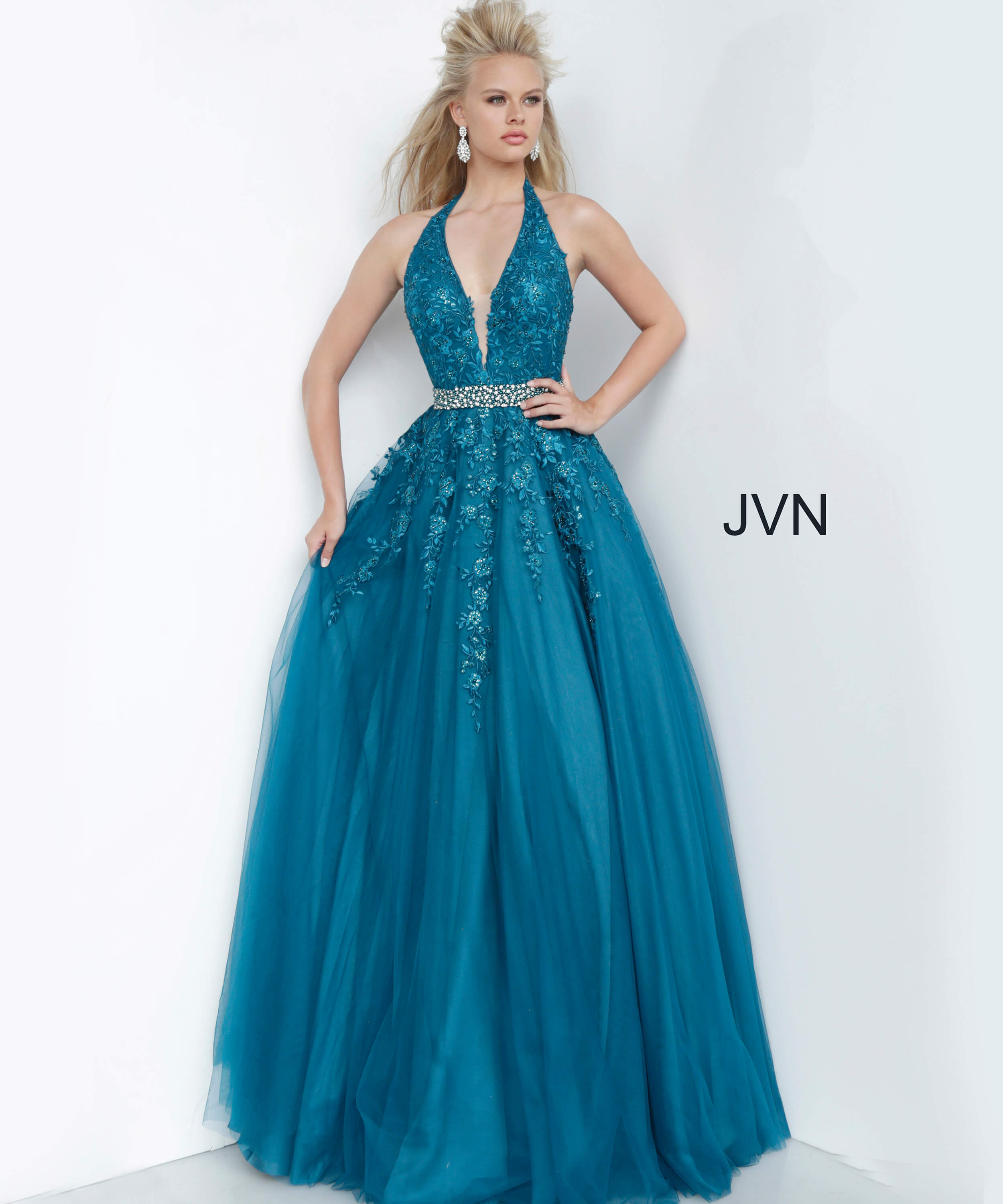JVN00923 Dress JVN Teal Halter Neckline Embroidered Prom Ballgown