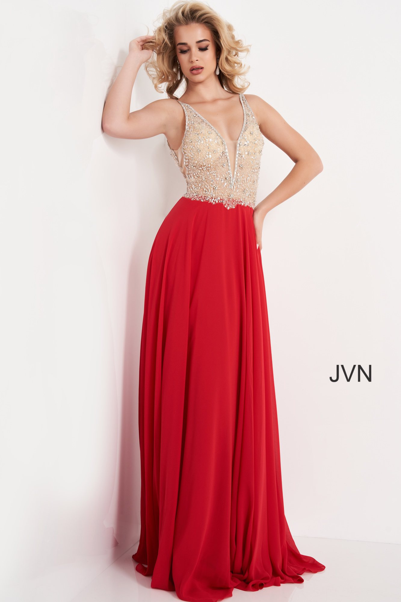 JVN00944 Dress | JVN Off White Plunging Neckline Chiffon Prom Dress