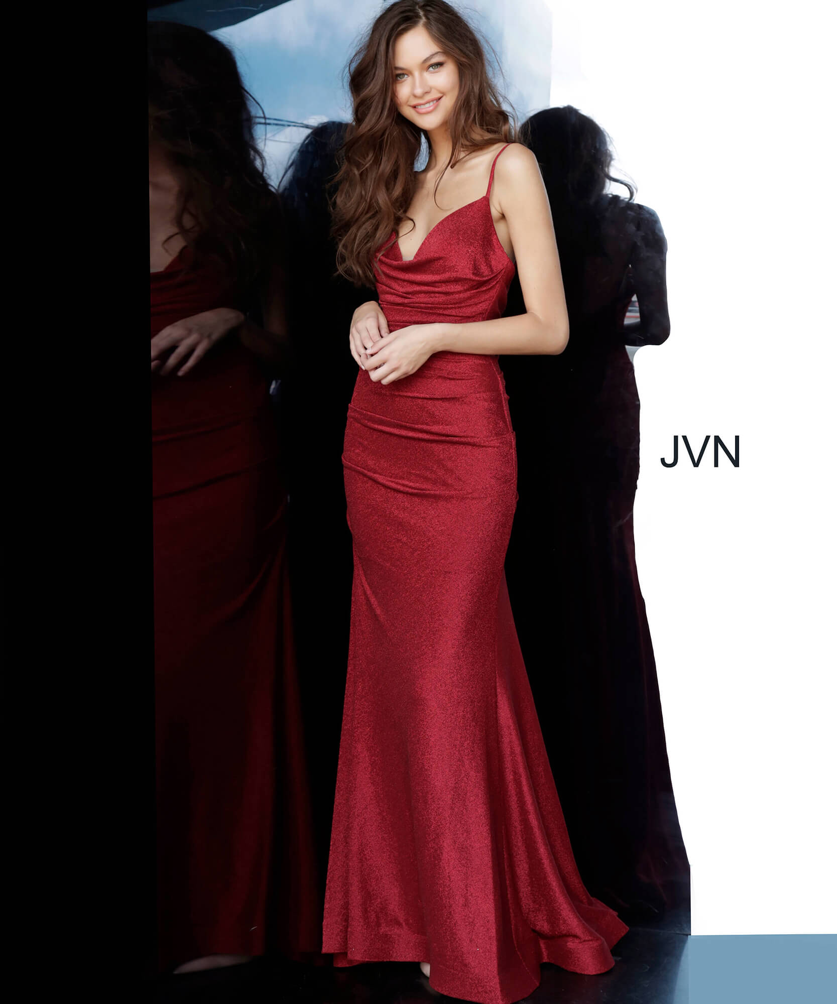 JVN00967 Dress| JVN Burgundy Spaghetti Straps Plunging Prom Dress