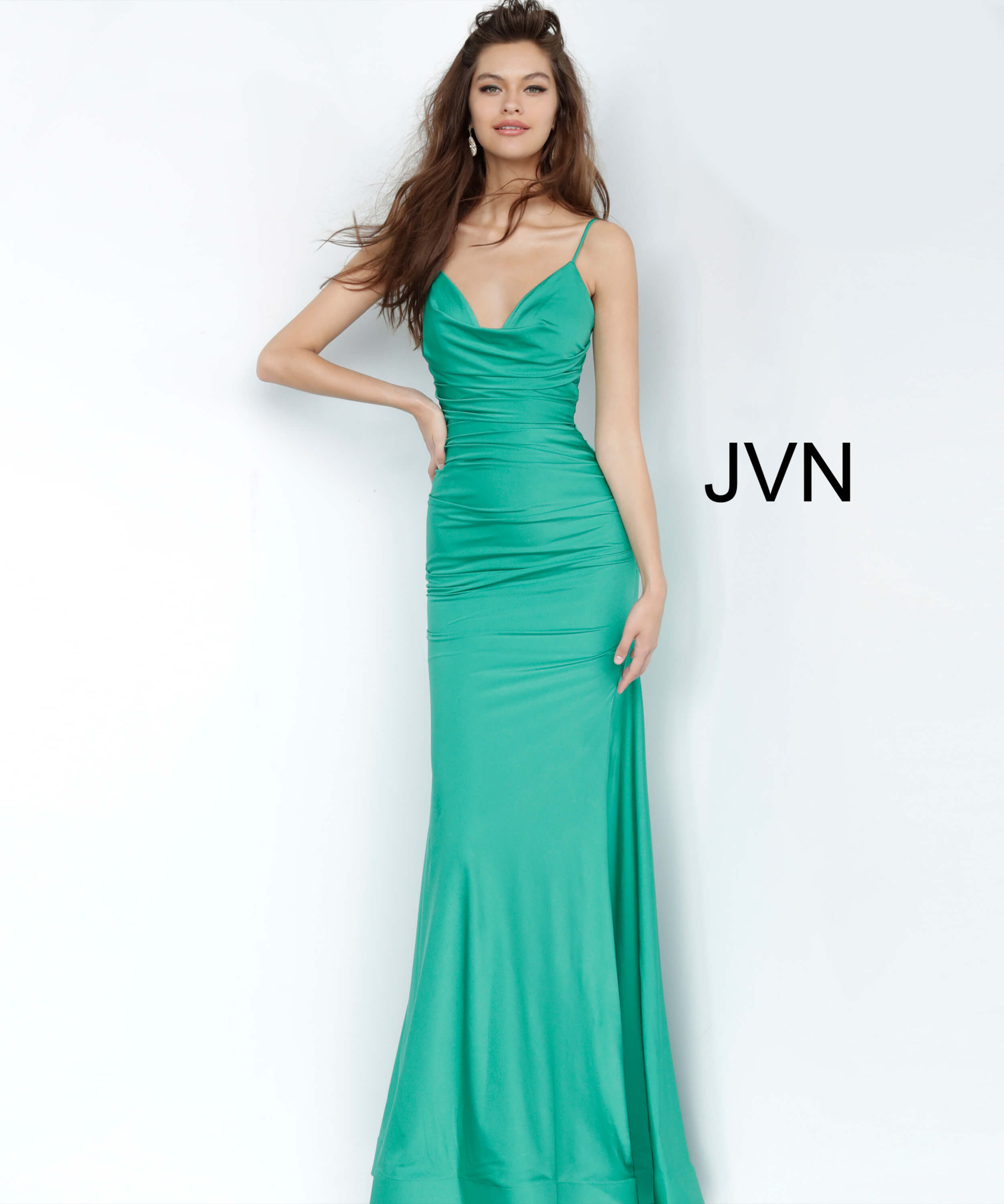 JVN00968 Dress | Emerald green ruched bodice fitted prom dress