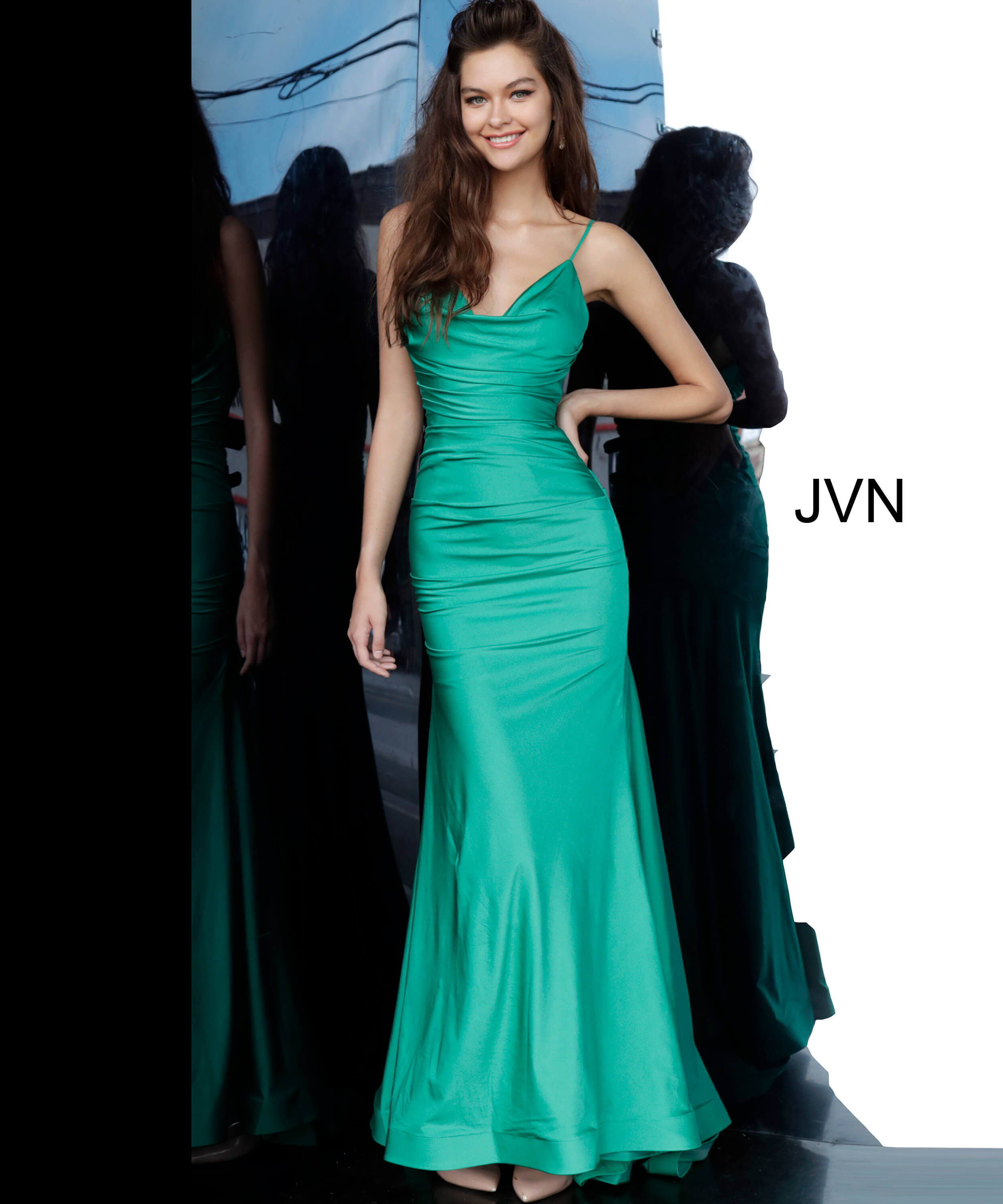 JVN00968 Dress Emerald green ruched bodice fitted prom dress
