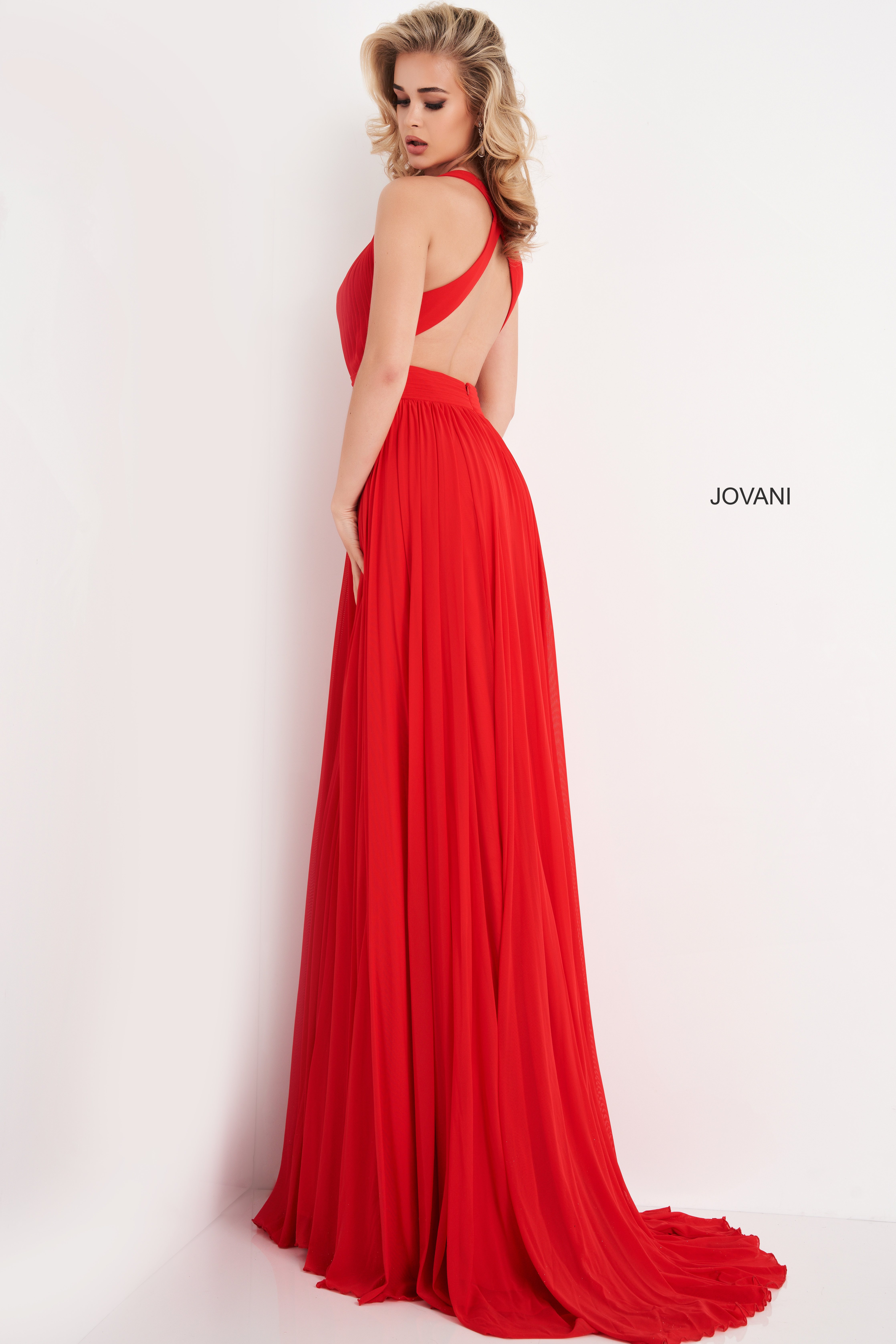 JVN01022 | Red Mesh Open Back Maxi Prom Dress