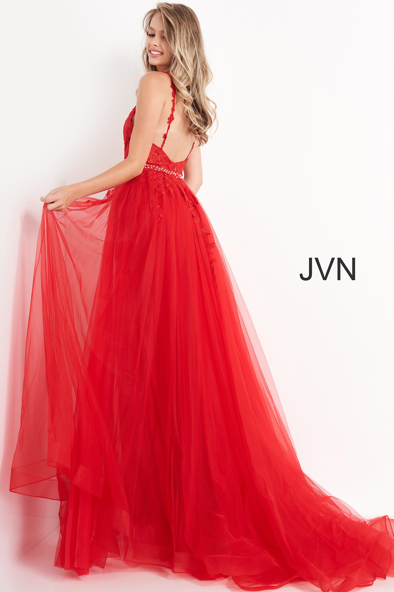 JVN02260 Dress | JVN Red Embellished Belt V Neck Lace Gown