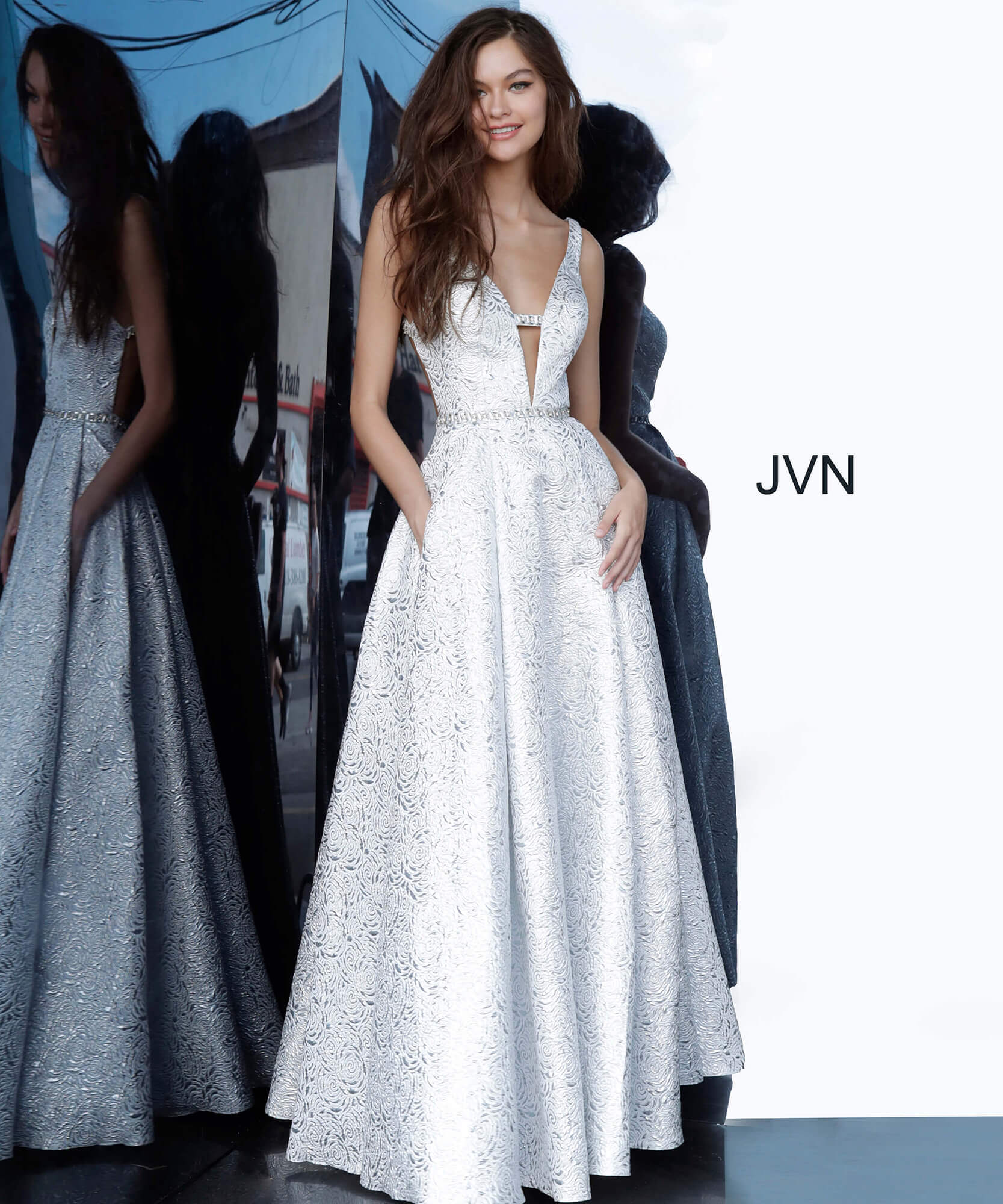 JVN Silver Low V Neck Open Back Prom Dress