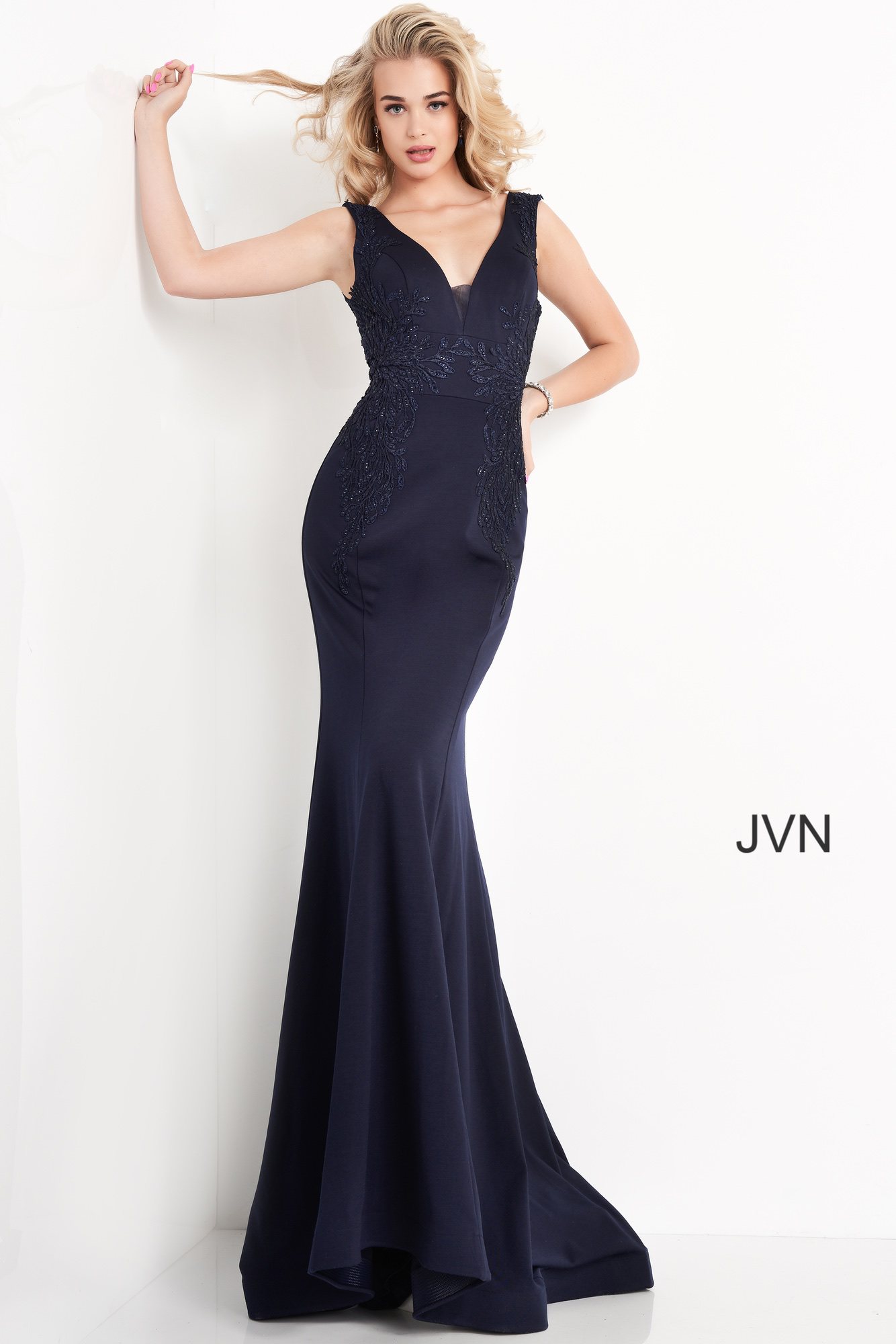 JVN02310 | Navy Long Fitted V Neck Prom Dress