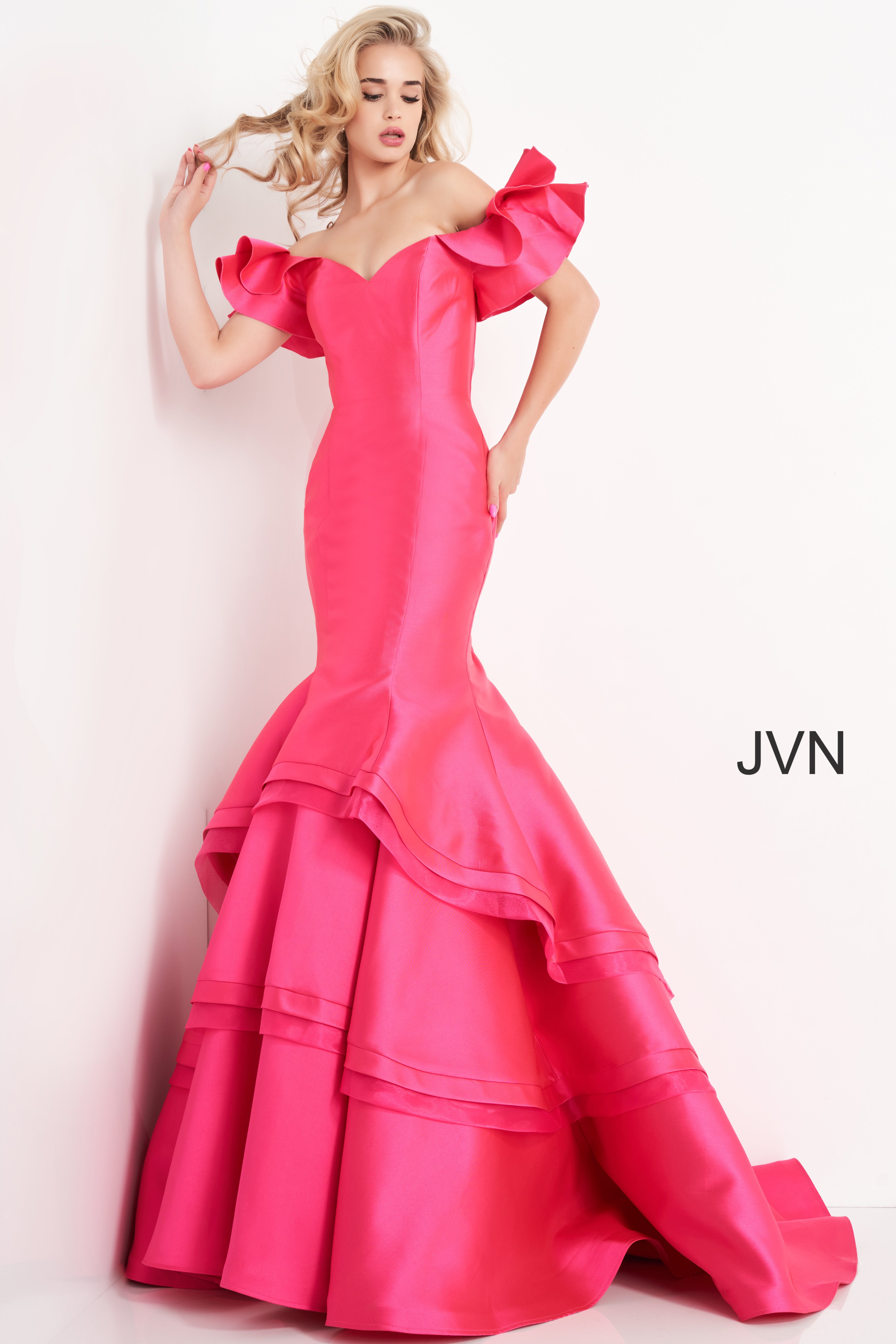 JVN02358 | Fuchsia Layered Mermaid Skirt Prom Dress