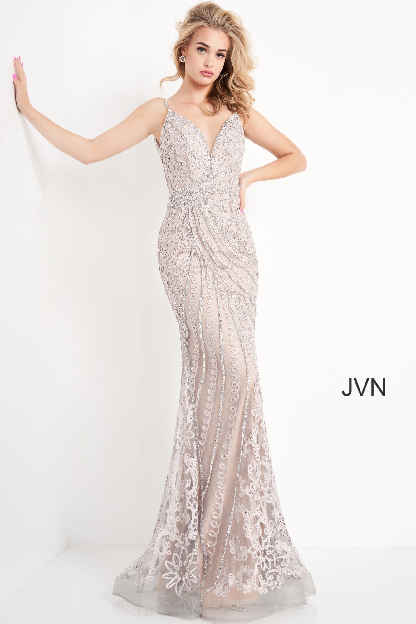 Jvn Grey Nude Long Fitted Embroidered Evening Dress
