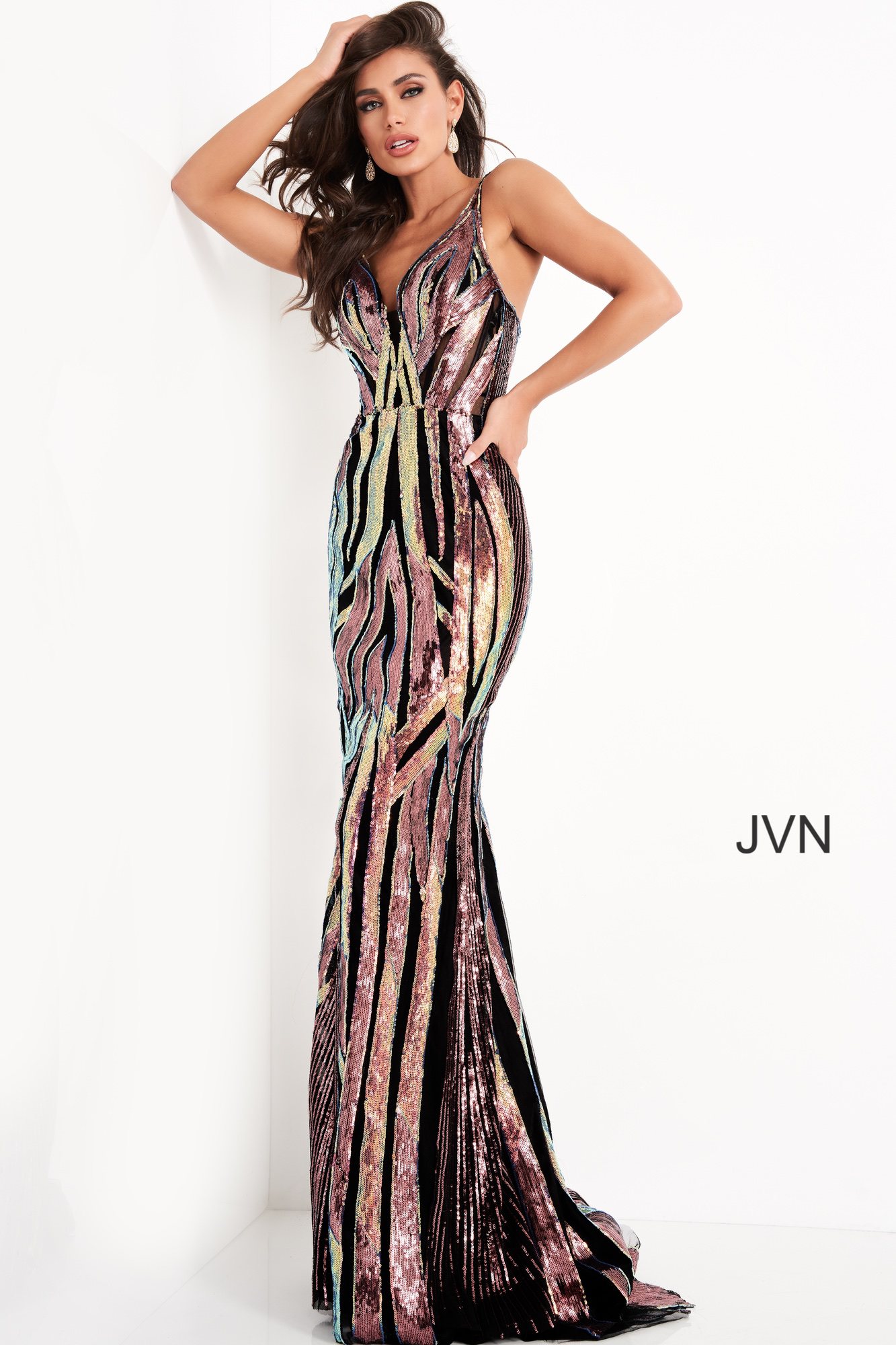 JVN04549 Multi Iridescent Sequin Fitted Prom Dress