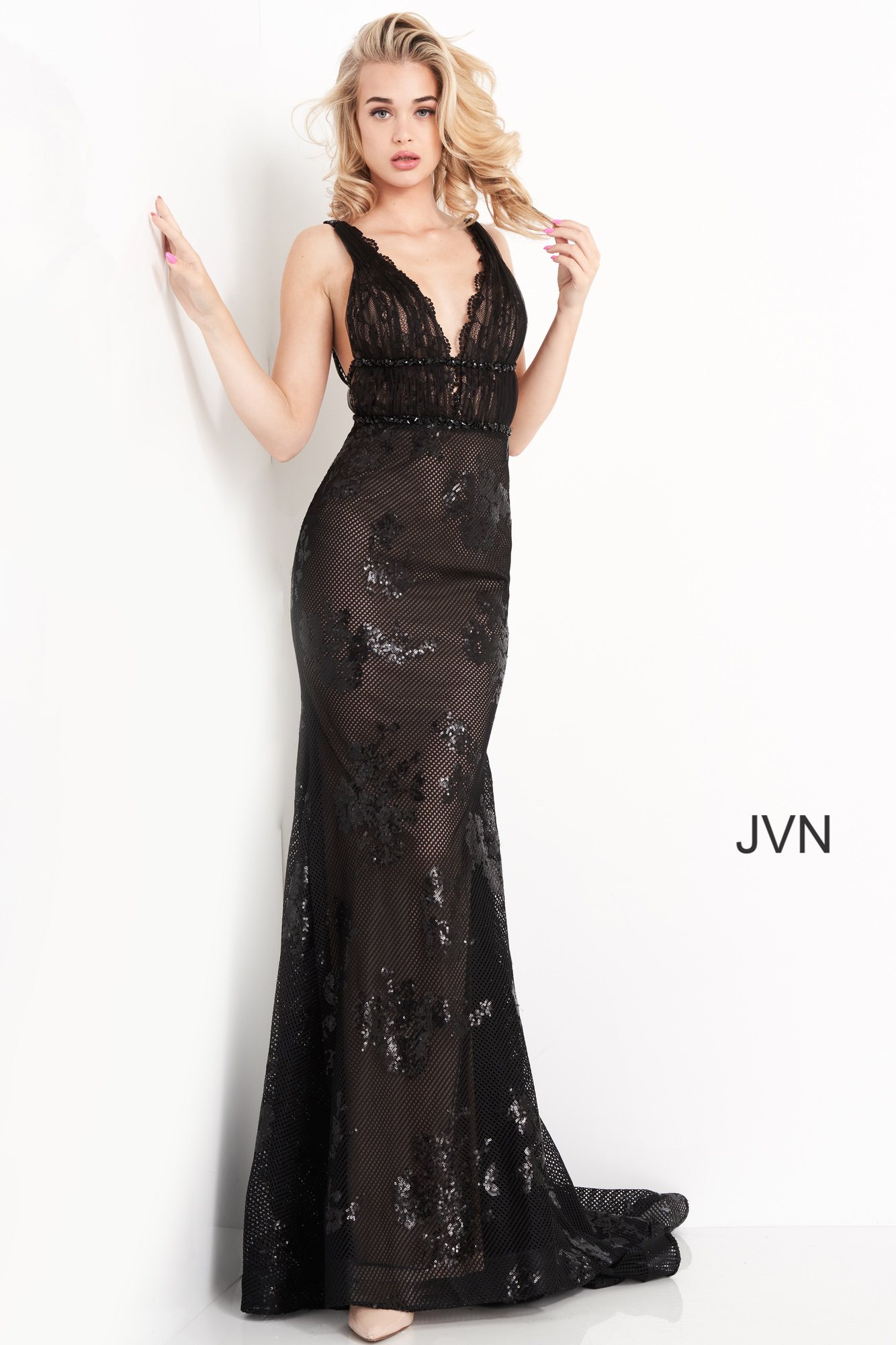 Jvn Black Nude Sequin Embellished Backless Prom Dress