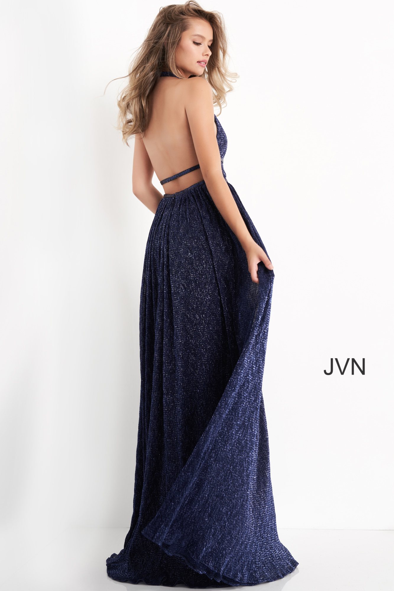 Jvn05815 Navy Backless Plunging Neckline Maxi Prom Dress 
