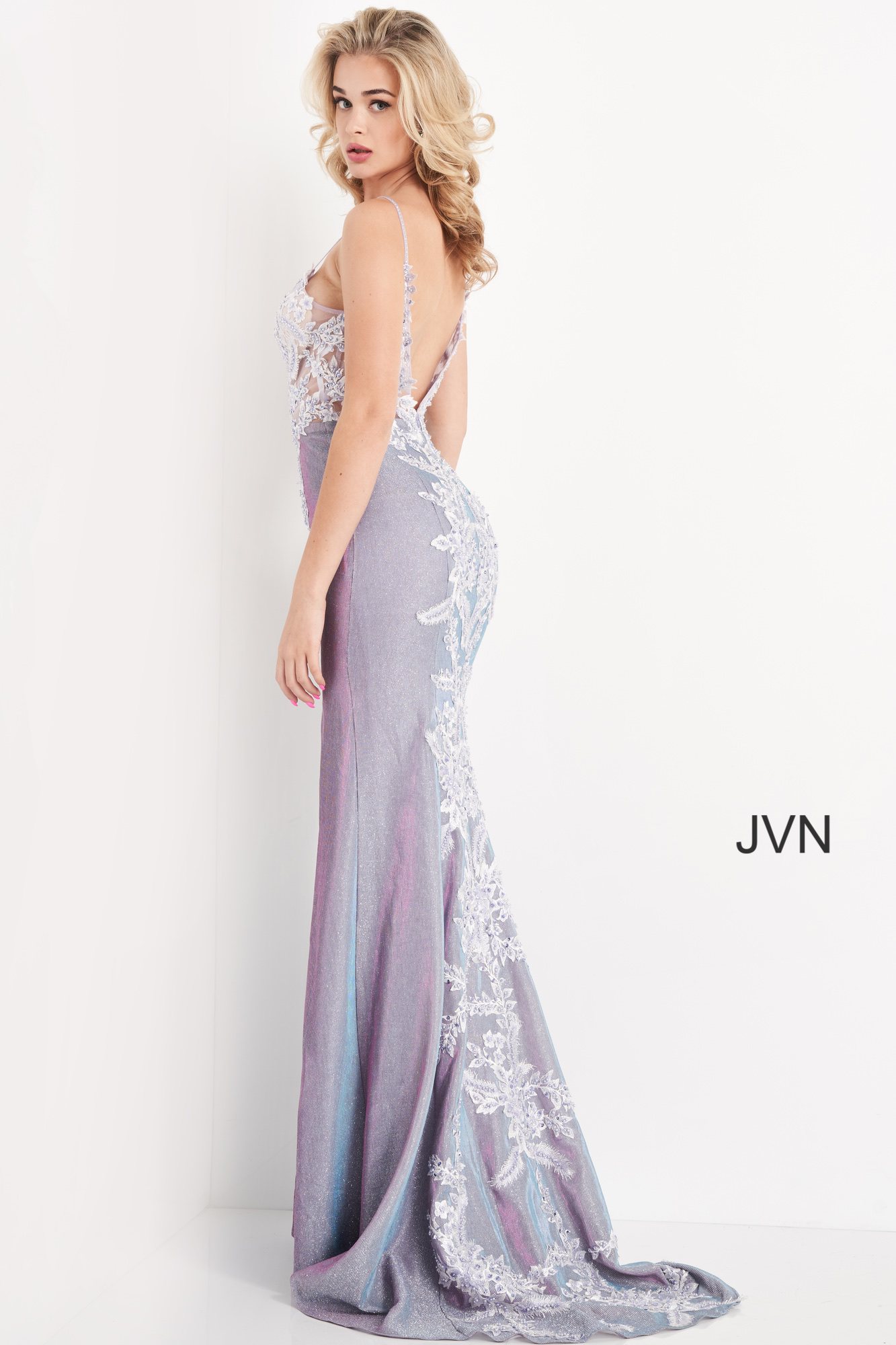 JVN06454 | Lilac Waterfall Back Sheath Prom Dress