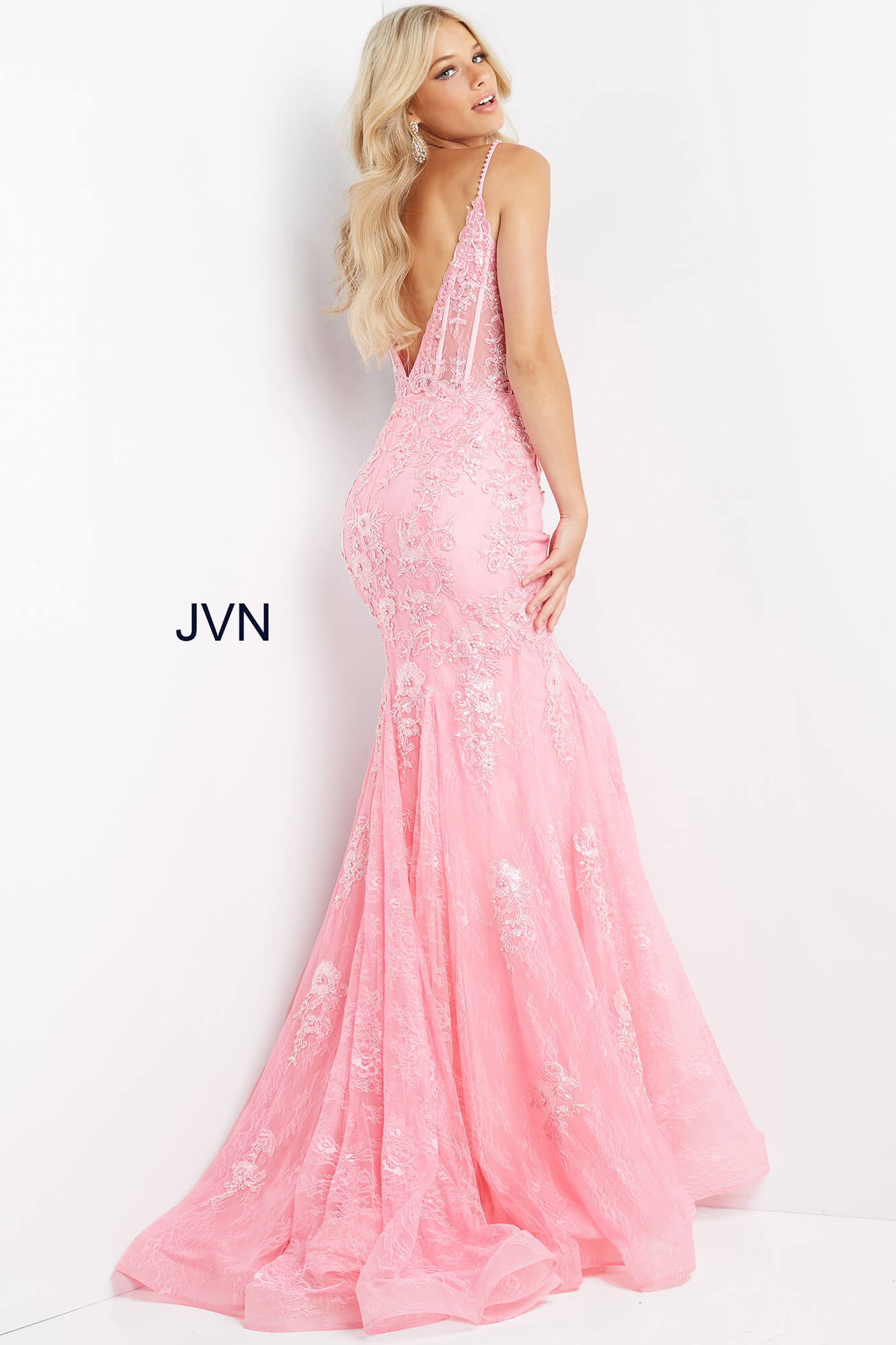 JVN06475 | Pink long floral applique plunging neckline dress