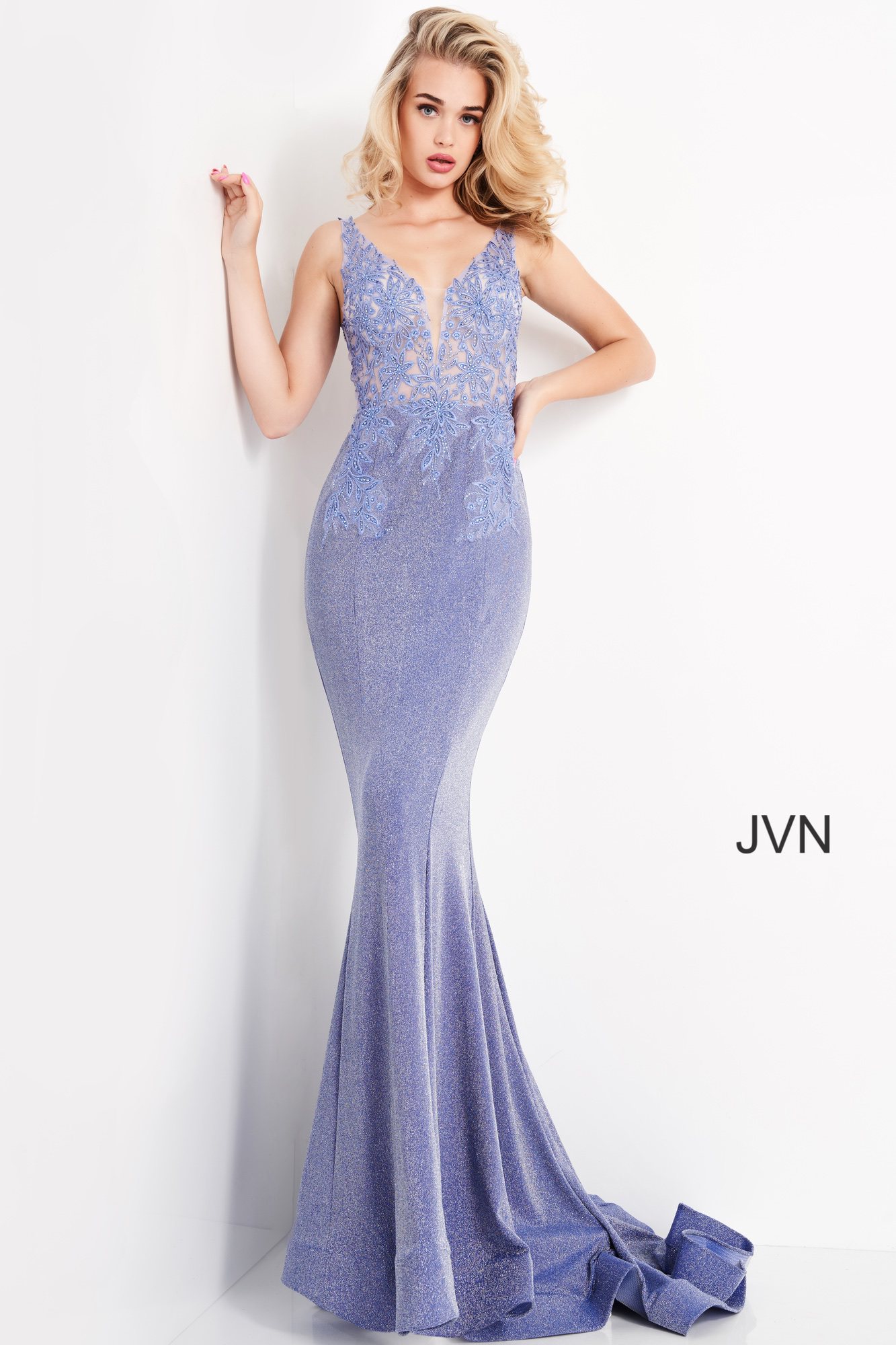 JVN06505 | Perriwinkle Long Fitted Sweeping Train Prom Dress