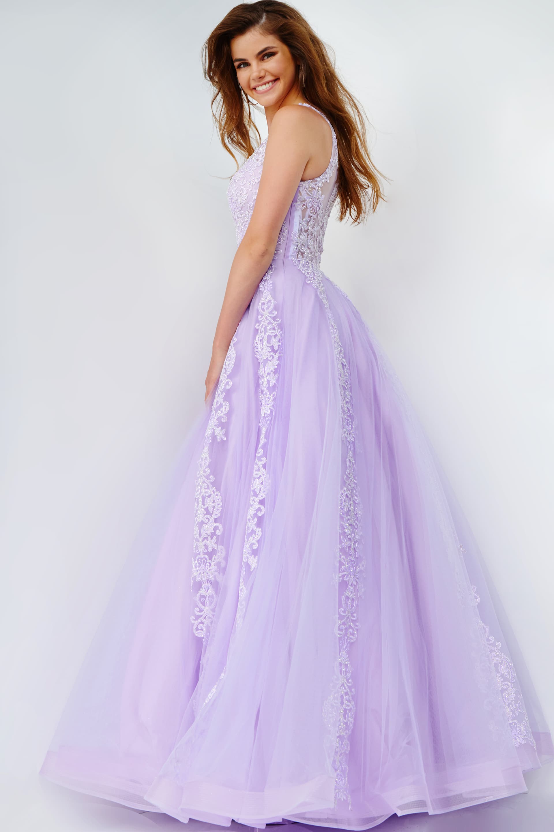 JVN06743 | Sky Blue Embellished Bodice Tulle Prom Gown