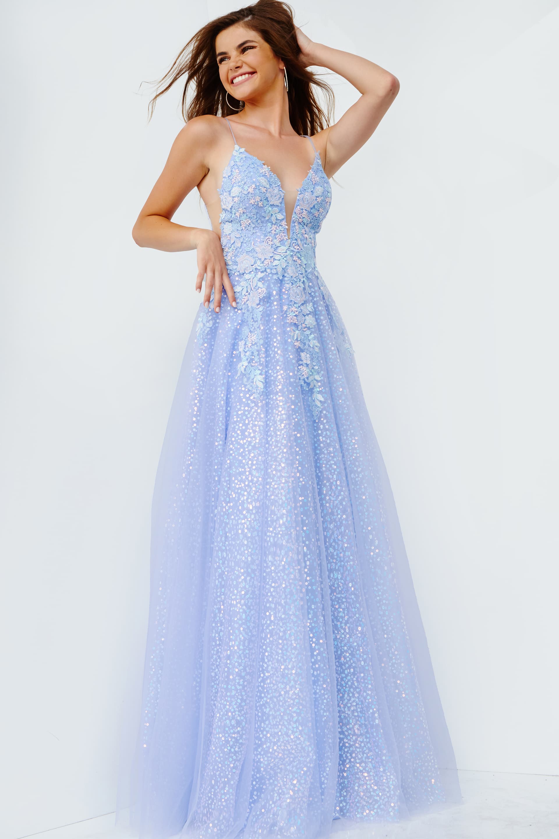 JVN07252 | Perri Spaghetti Straps Plunging Neckline Prom Dress