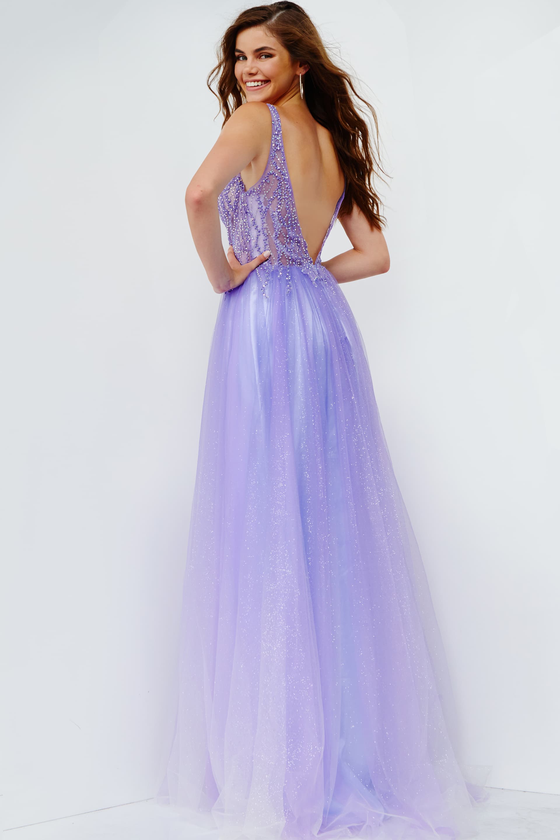 JVN07387 | Purple A Line Plunging Neckline Prom Dress