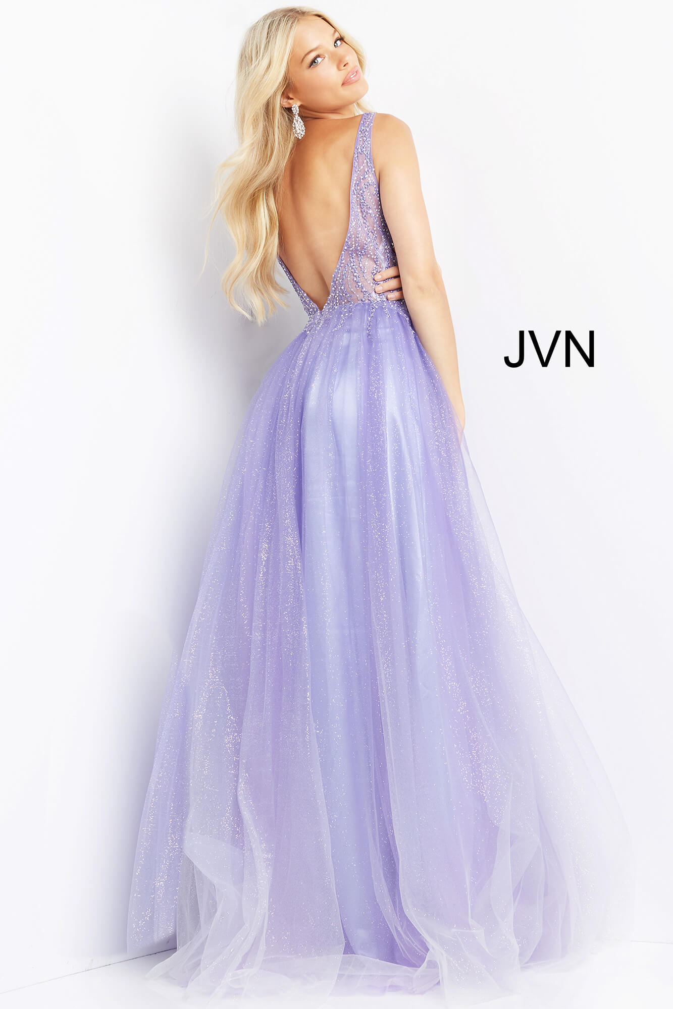 JVN07387 | Purple A Line Plunging Neckline Prom Dress