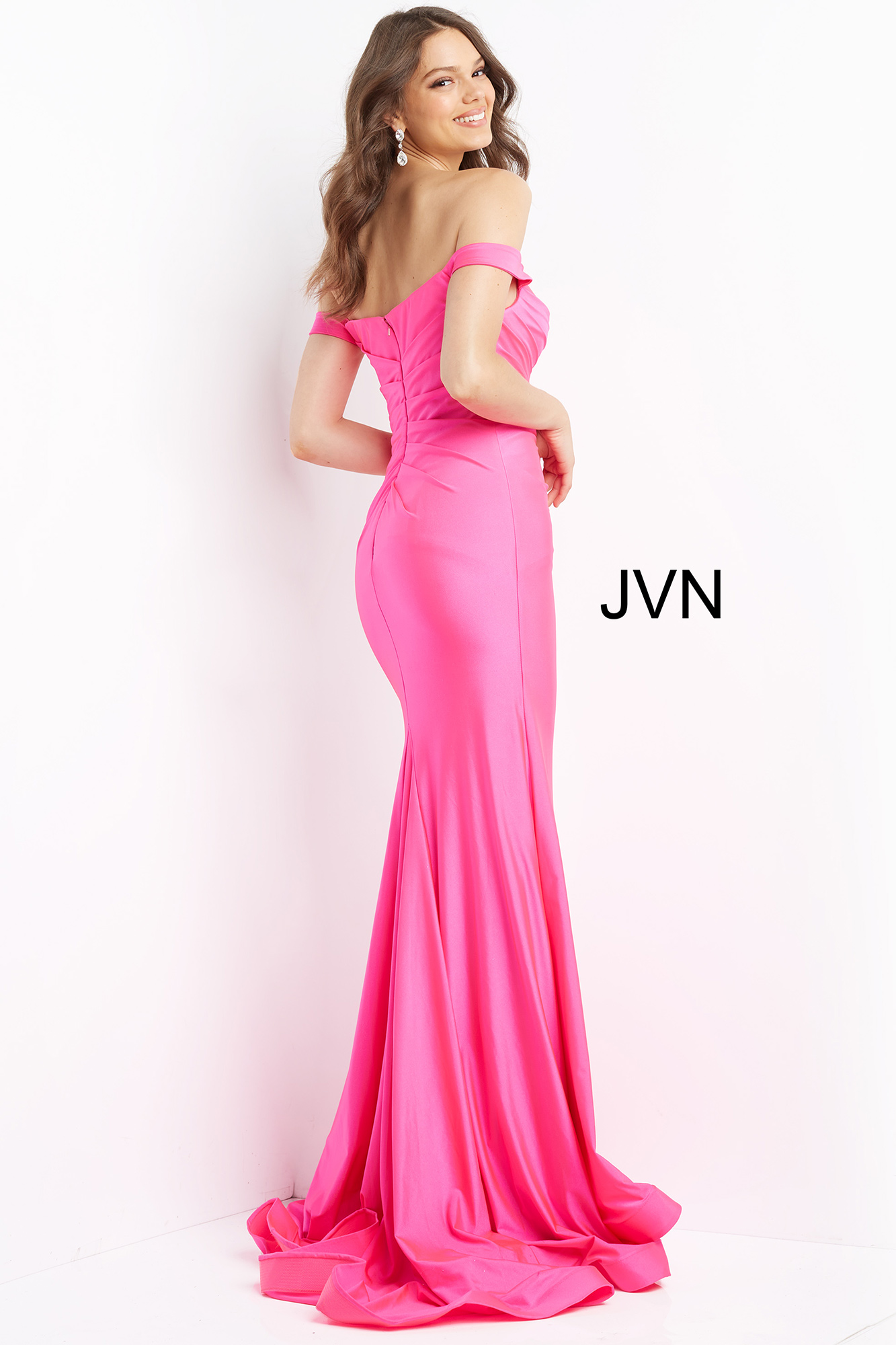 JVN07639 | Pleated Bodice Off the Shoulder Prom Dress