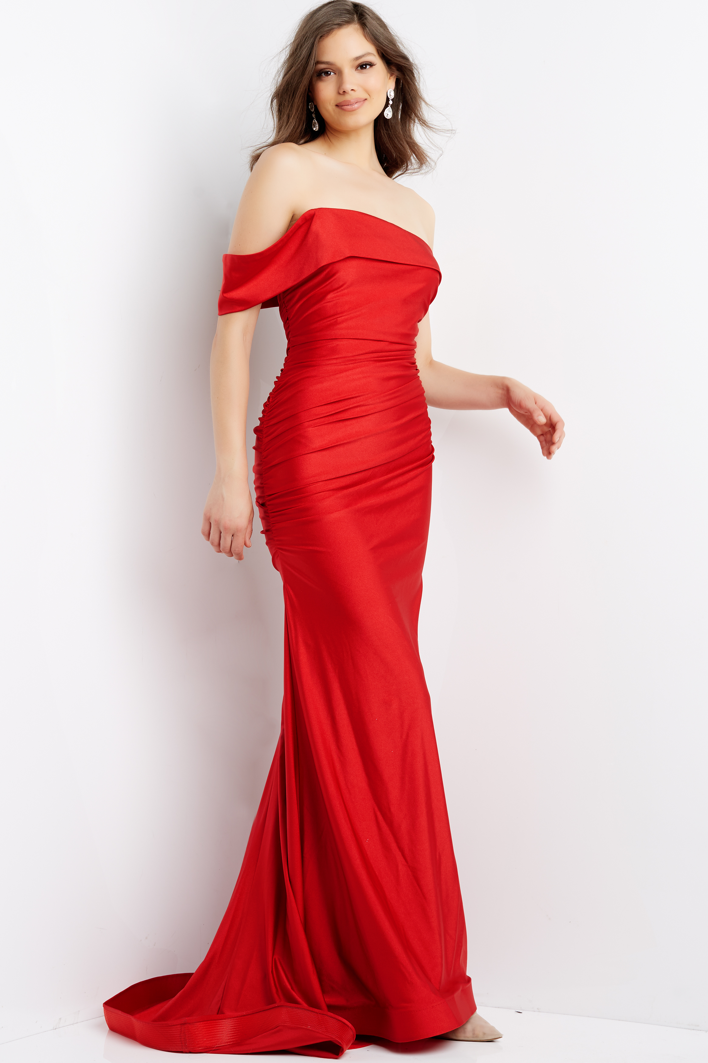 red ruched prom dress