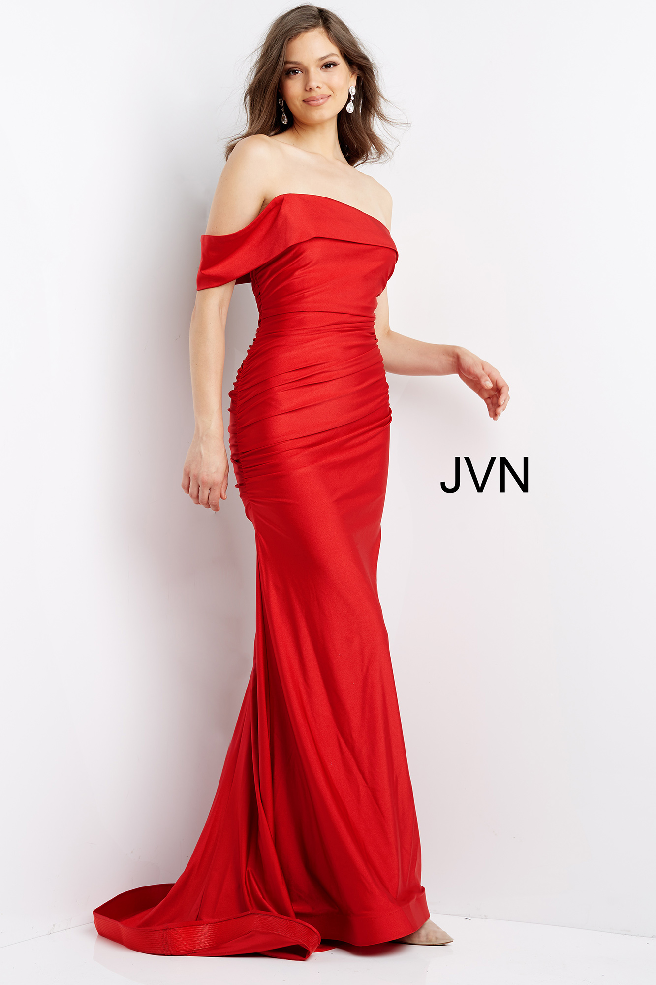 JVN07640 | Red One Shoulder Body Hugging Long Prom Dress