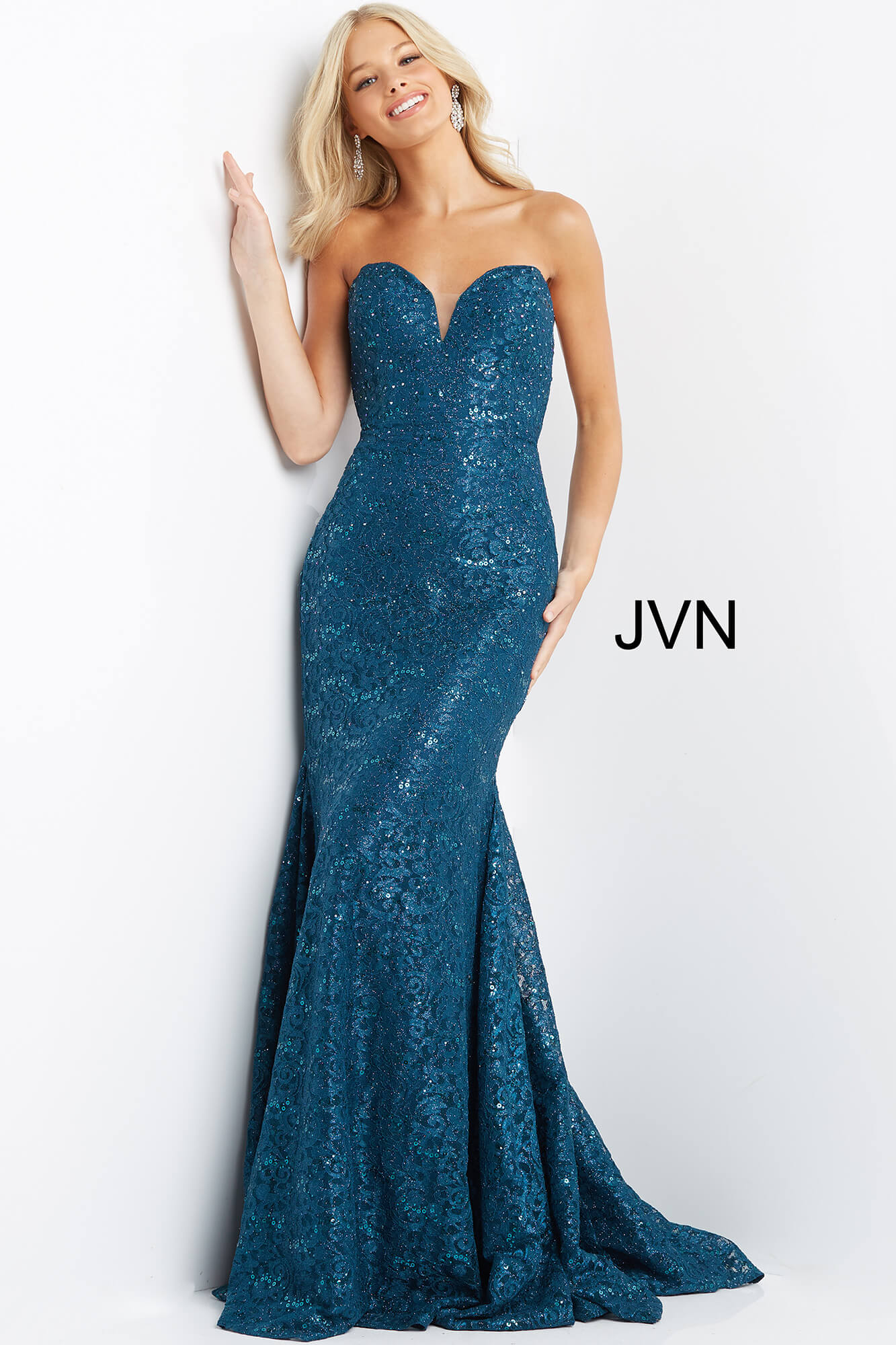 JVN08511 | Peacock Long Sweetheart Neckline Prom Dress