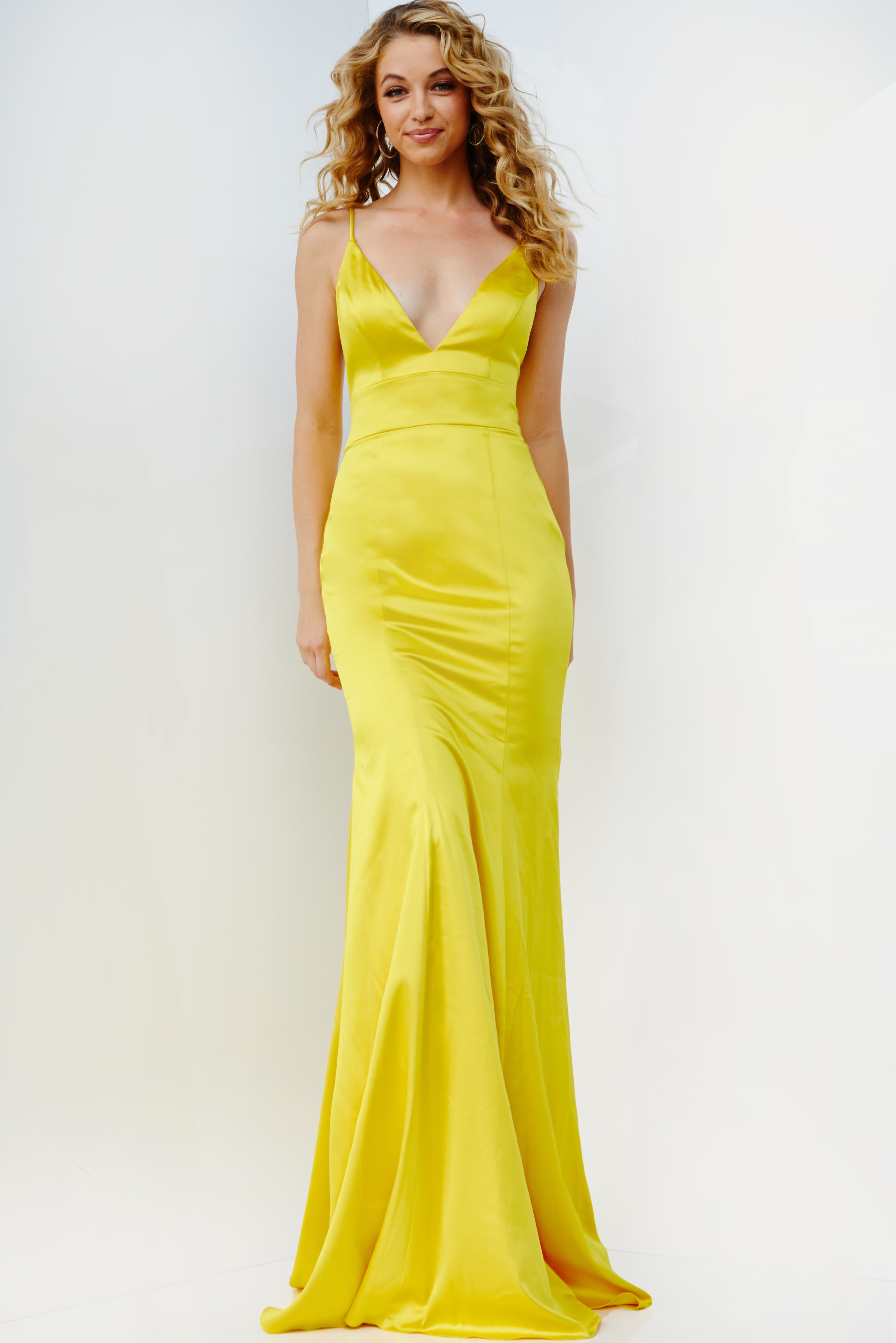 Jvn08595 Yellow Simple Backless Satin Prom Dress Jvn