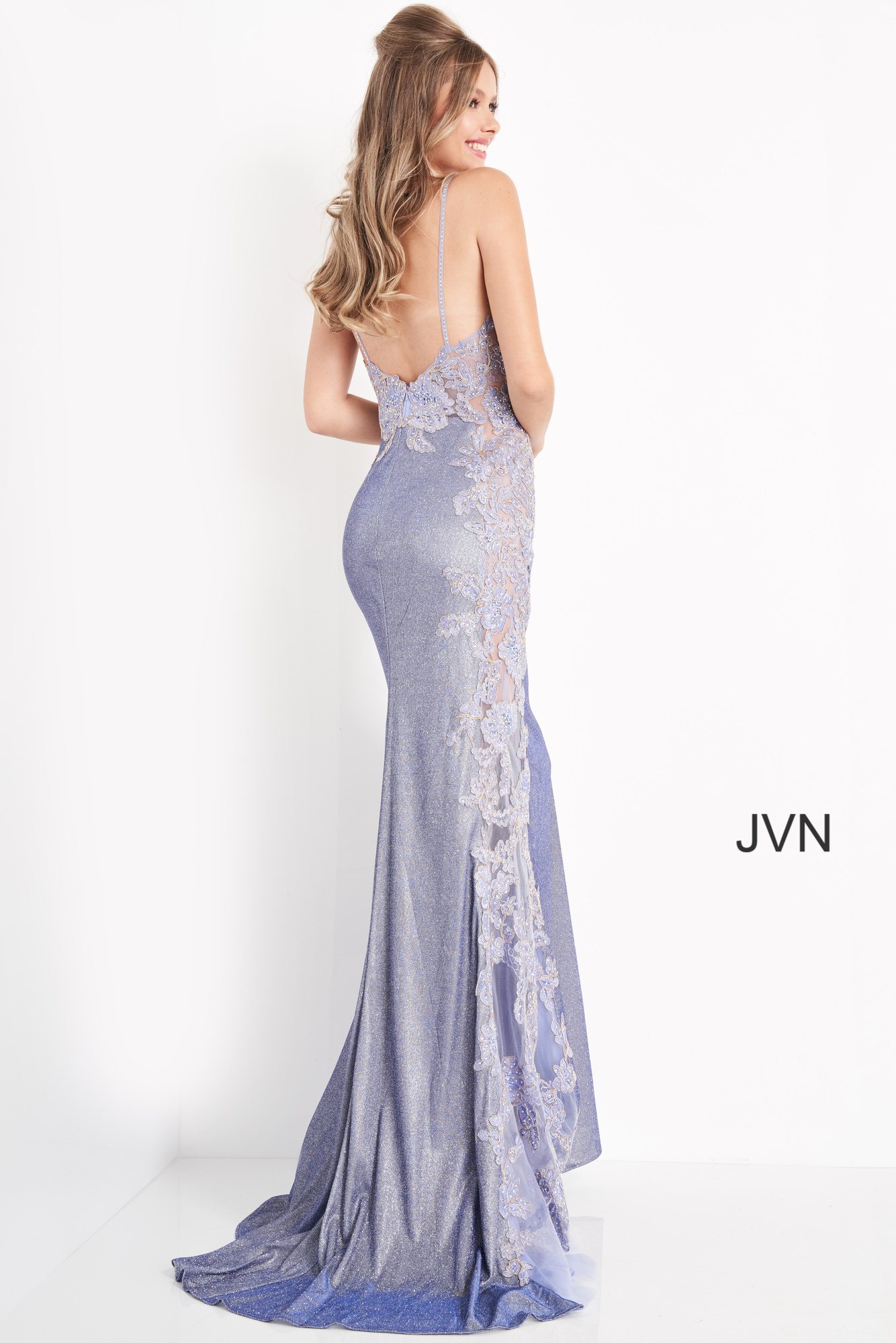 JVN2205 Dress | Nude Embroidered Floral Fitted Prom Dress