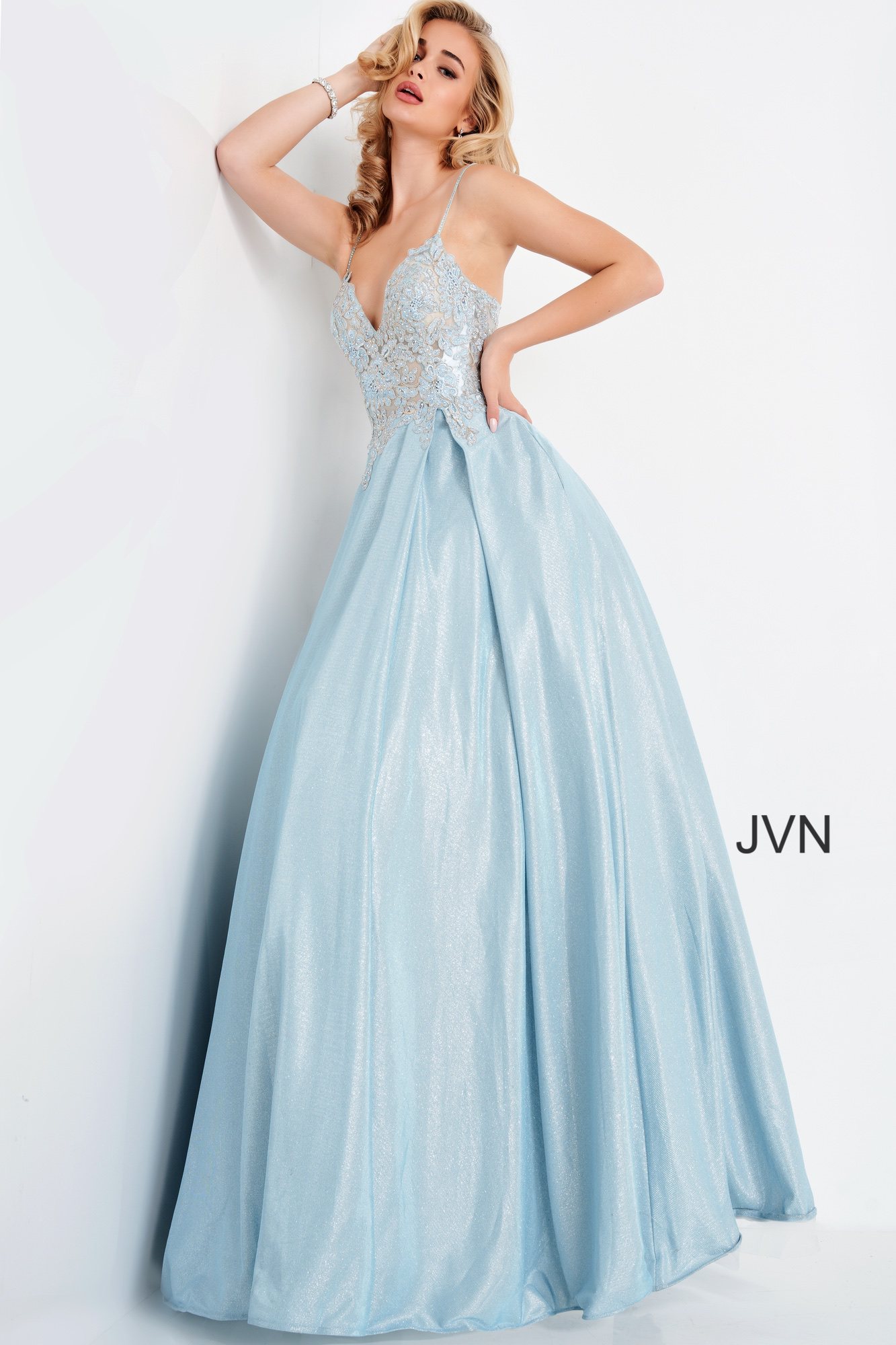 JVN2206 Dress | Nude Embroidered Floral Bodice Prom Ballgown