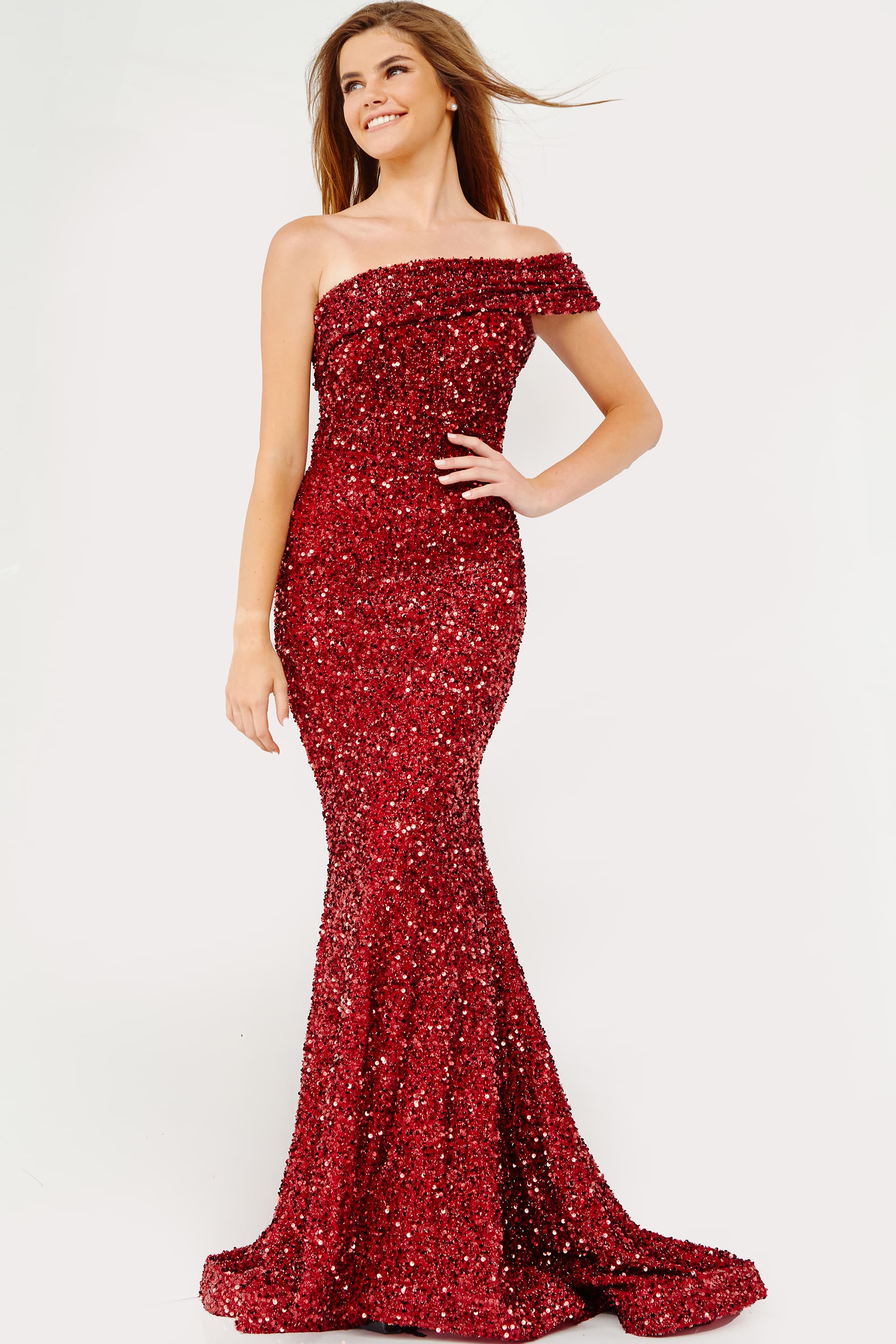 JVN23116 Burgundy One Shoulder Sequin Prom Dress - JVN