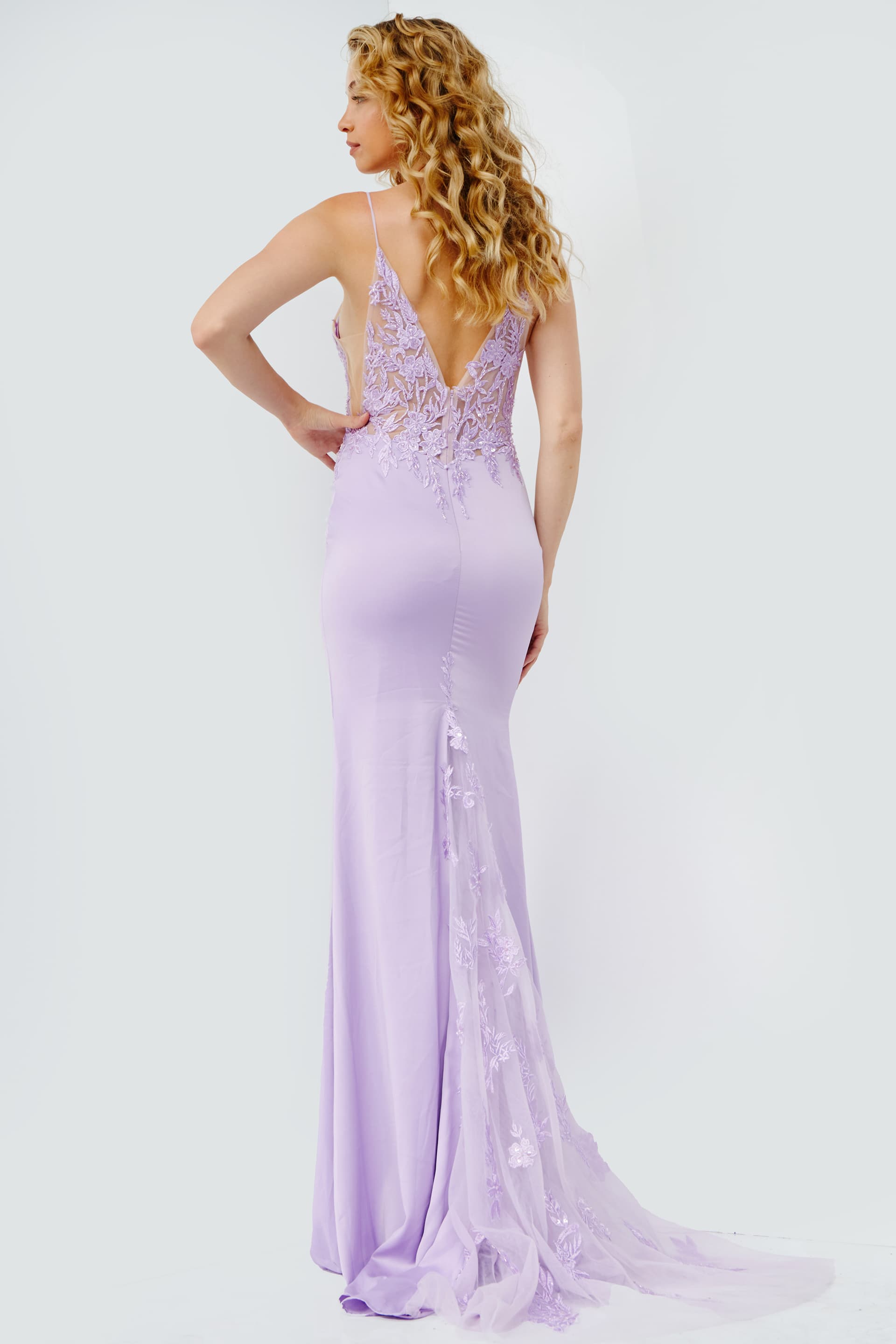 JVN23124 Lilac Embroidered Bodice Plunging Neck Prom Dress JVN