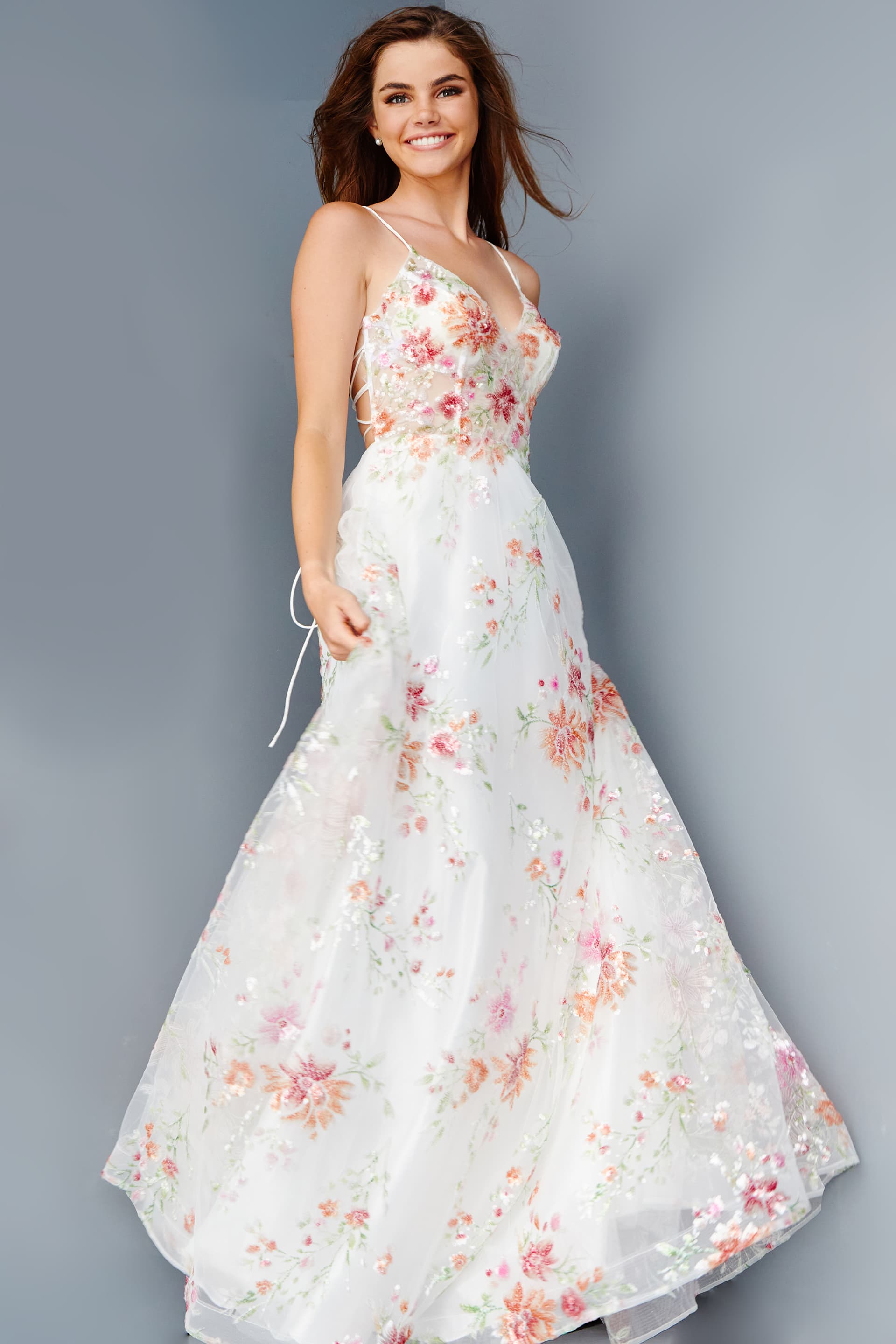 JVN23212 Off White Floral Embellished A Line Prom Dress - JVN