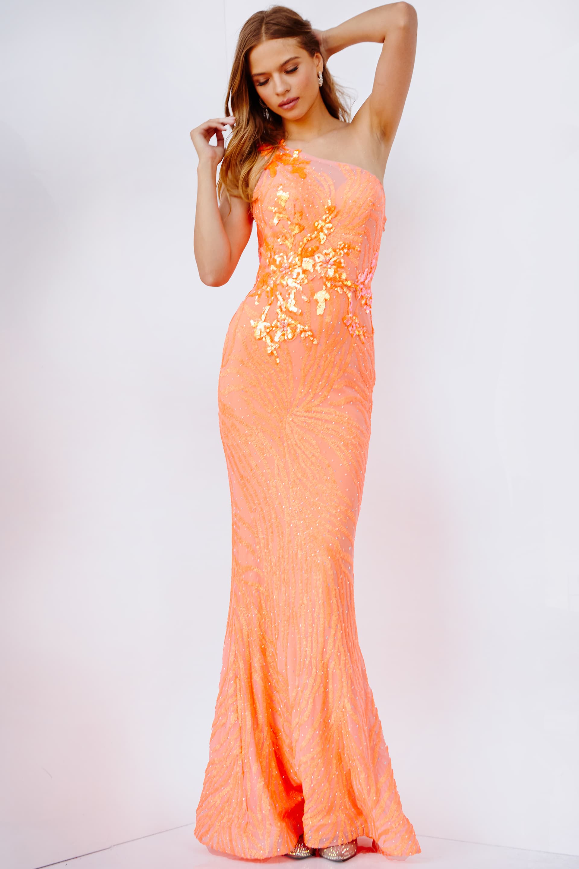 JVN23604 Neon Orange Open Back Embellished Prom Dress JVN